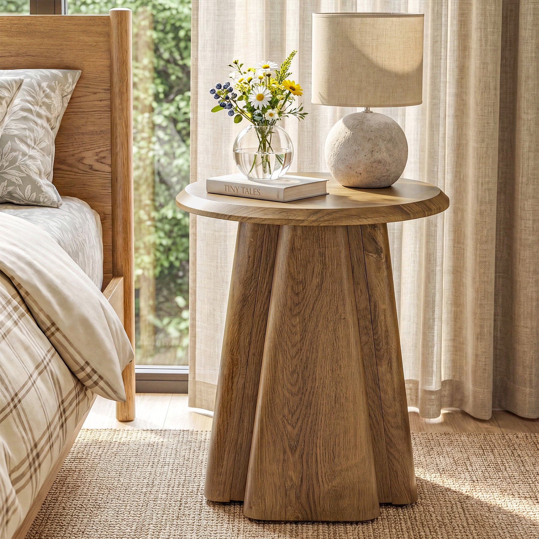 23.6" Round Nightstand, Wooden Bedside Table with Sturdy Support