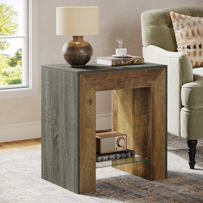 2-Tier End Table, Modern Wood Sofa Side Table with Glass Storage Shelf