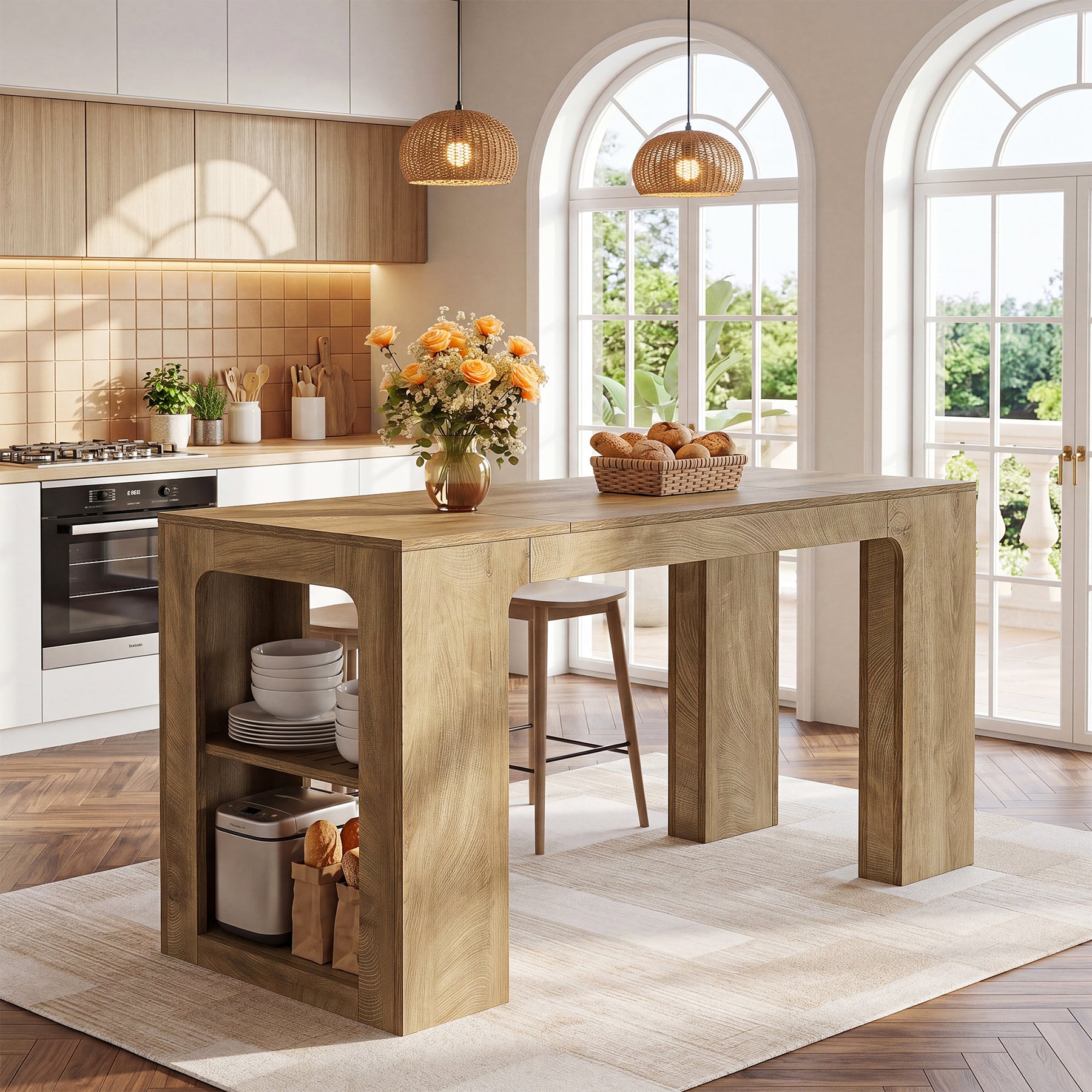 63" Long Kitchen Island, Counter Height Stationary Island Stand with Spacious Legroom