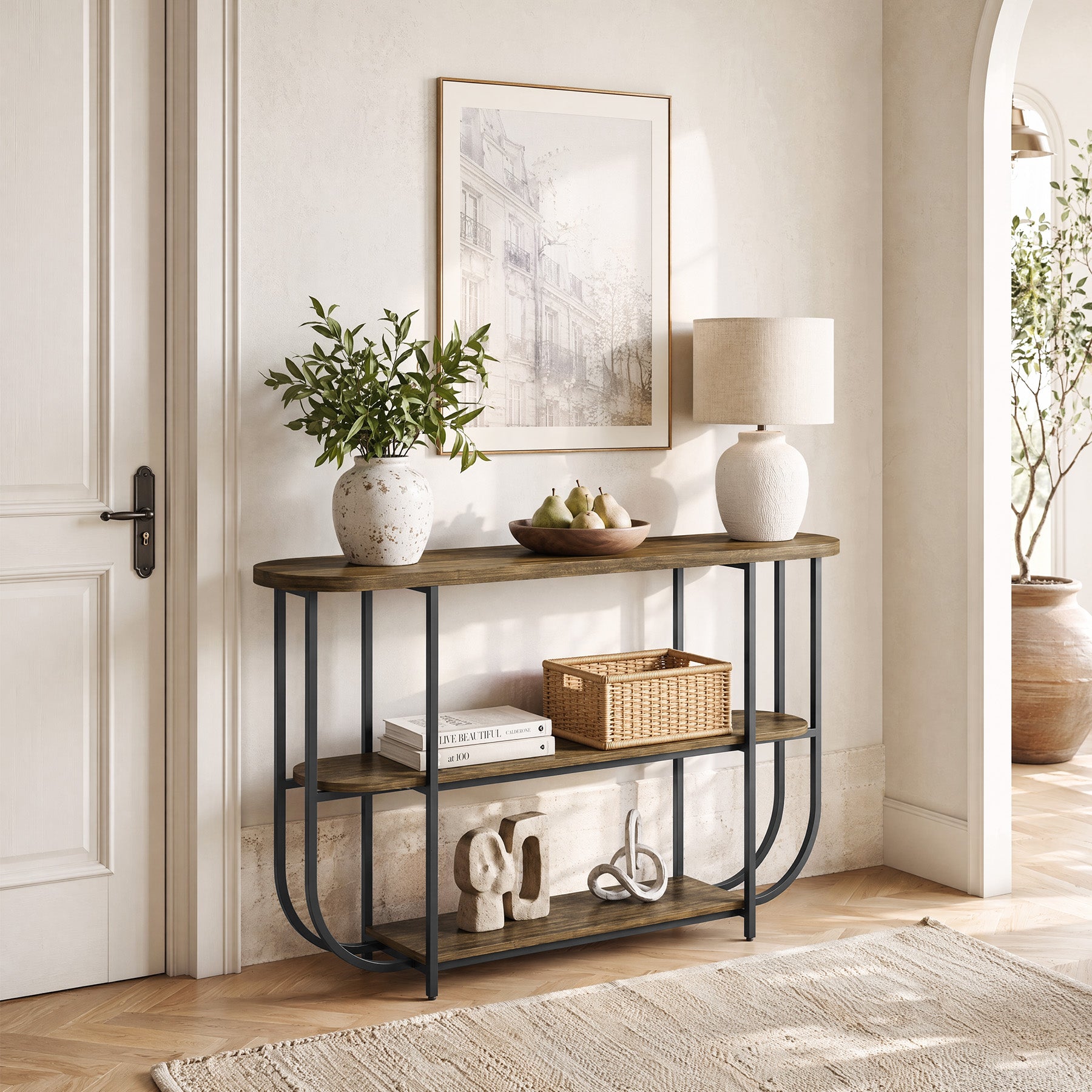 63" Console Table, 3-Tier Narrow Entryway Table with Curved Metal Frame