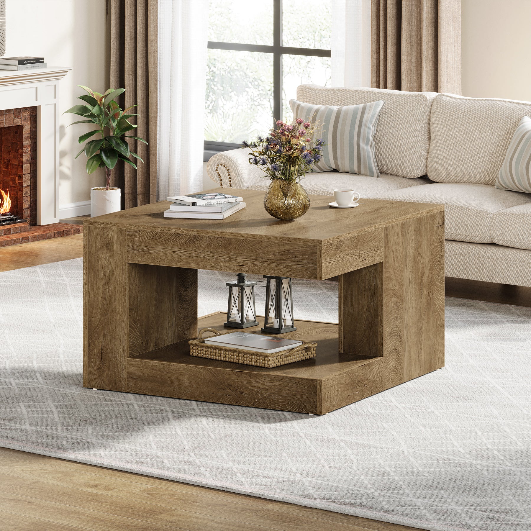 31.5" Square Coffee Table with Storage, 2-Tier Farmhouse Living Room Center Table