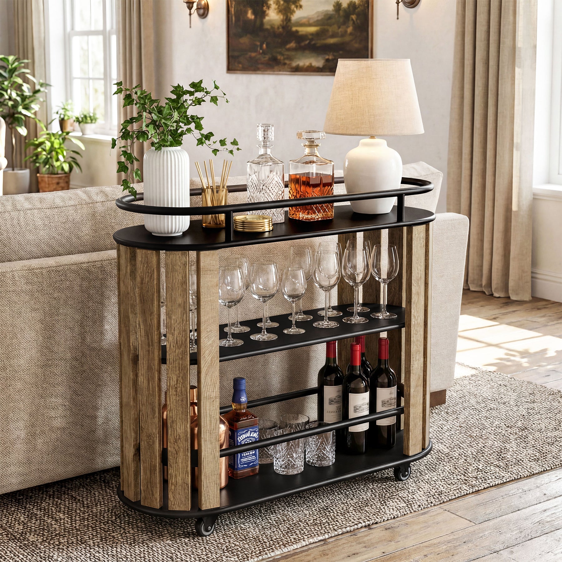 Tribesigns 35.43-Inch 3-Tier Bar Cart with Wheels and Metal Frame, Industrial Rolling Serving Cart for Kitchen