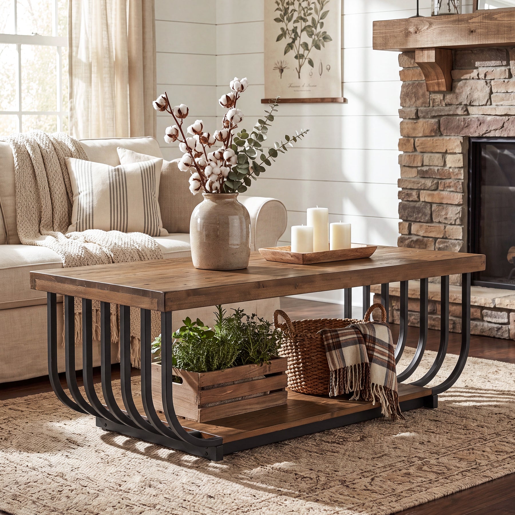 47" Solid Wood Coffee Table, Rectangle Center Table with 2-Tier Storage & Metal Frame