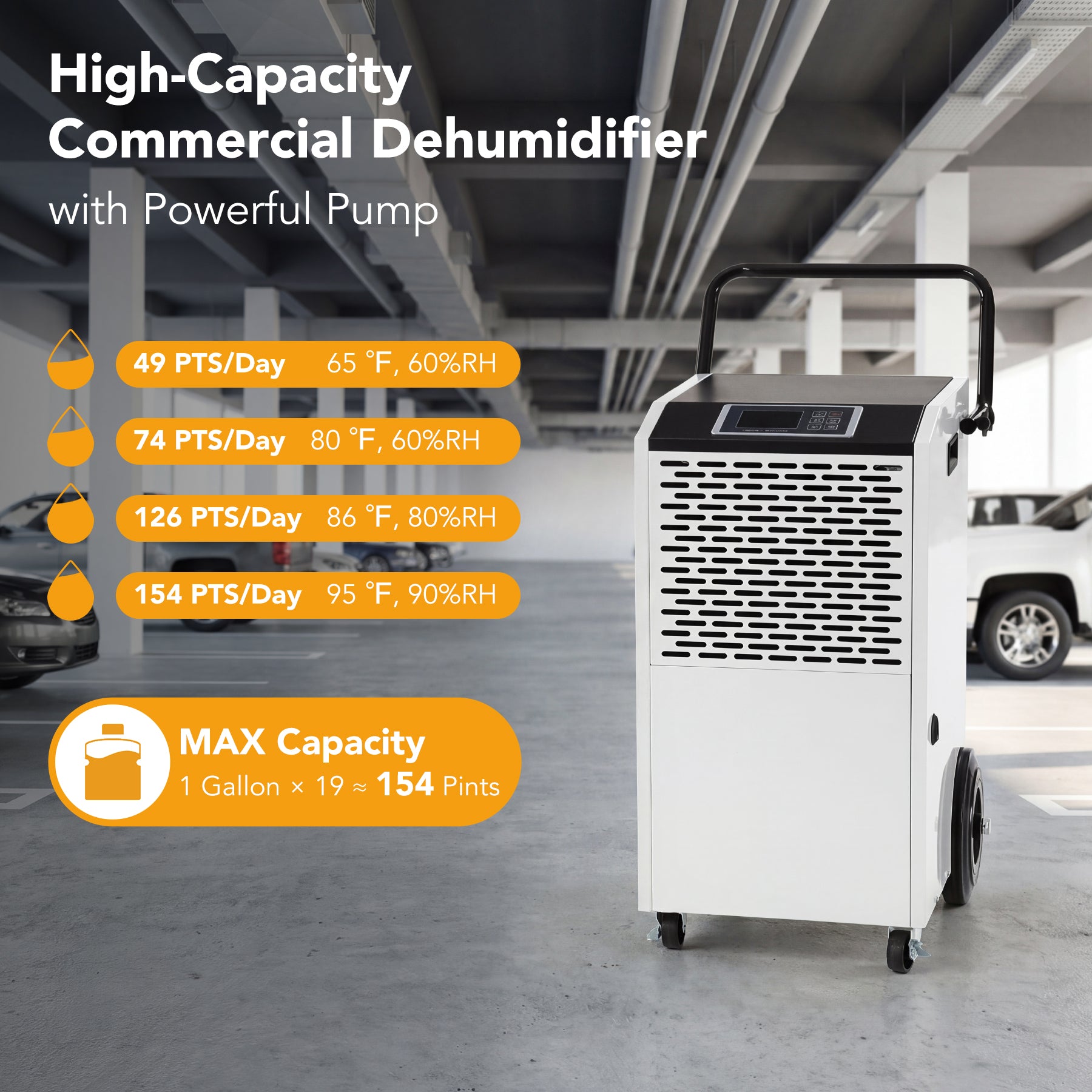 154 Pints Commercial Dehumidifier with Pump & Drain Hose for Up to 7000 Sq. Ft Large Spaces, Auto Defrost