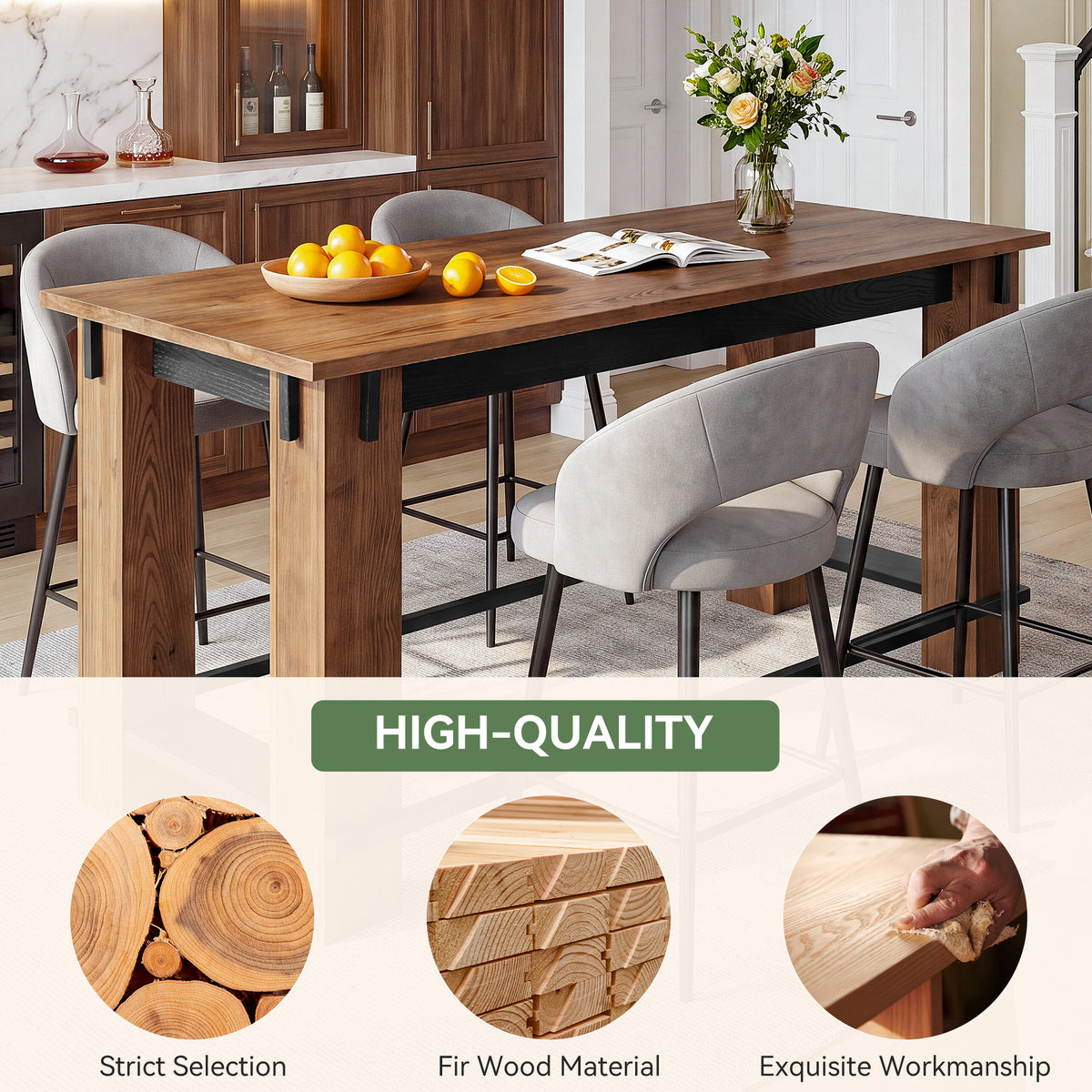 63" Farmhouse Solid Wood Bar Table, Metal Footrest, Counter Height Rectangle Pub Table