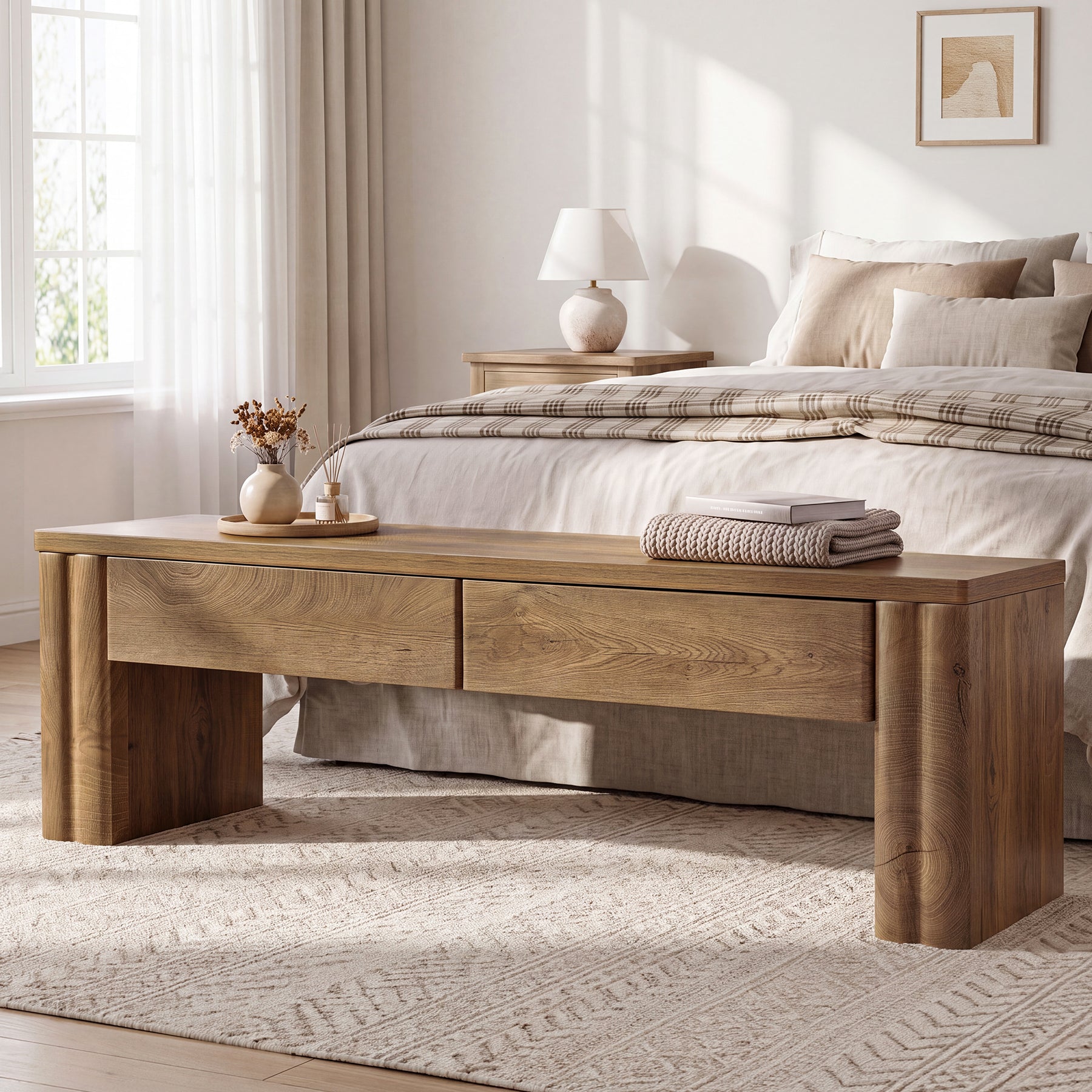 55" Entryway Bench with 2 Storage Drawers, Modern End of Bed Bench with Thick Legs