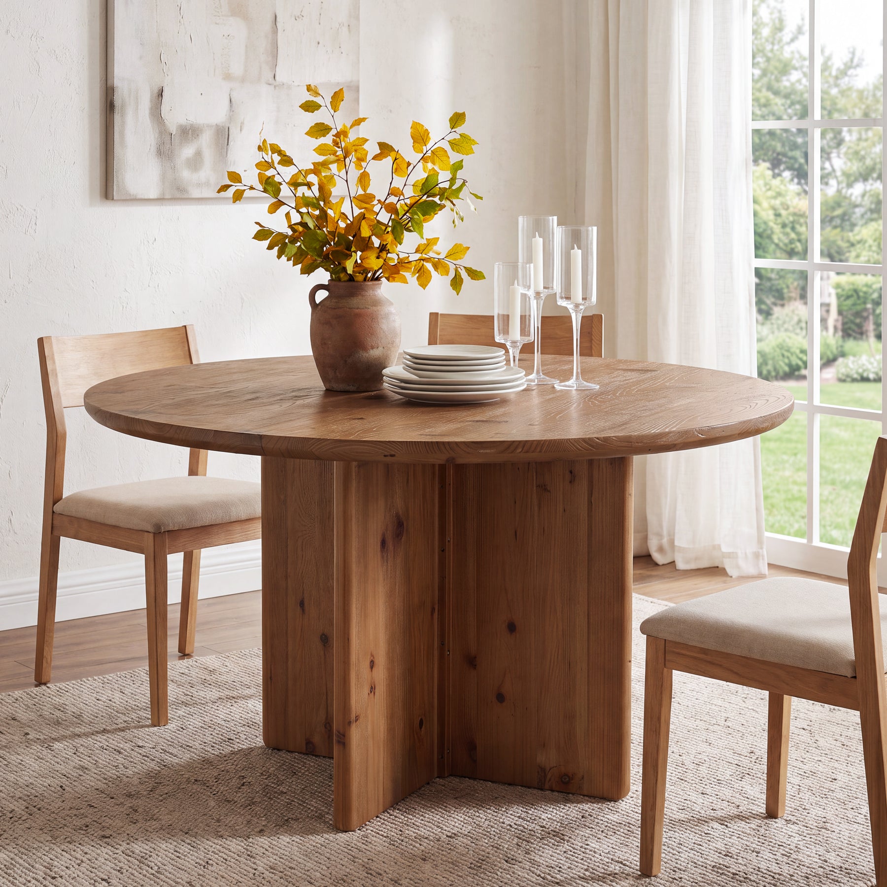 47.2" Round Dining Table, Solid Wood Kitchen Table with Cross Pedestal Base for 4-6