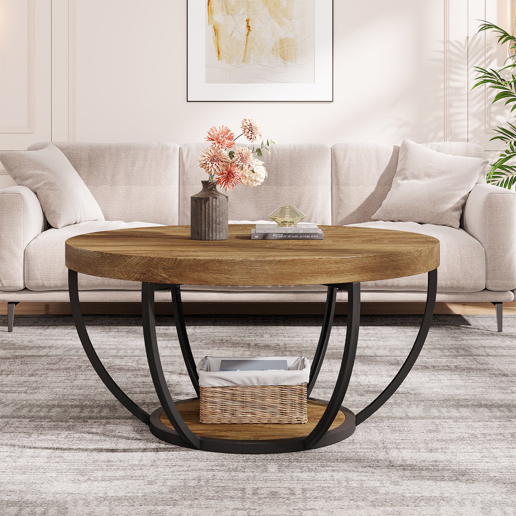 Wooden Coffee Table, 2-Tier Round Central Cocktail Table with Shelves