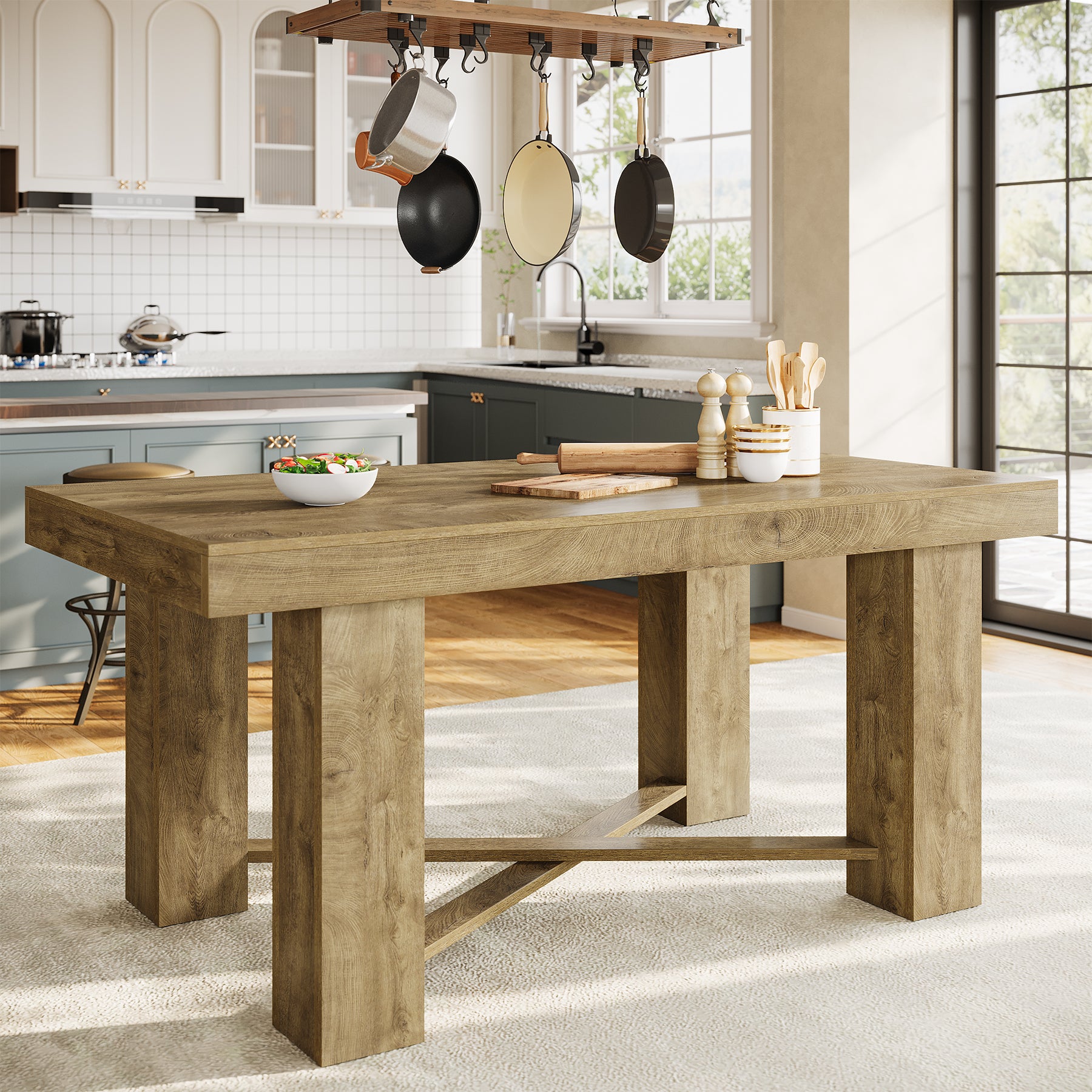 55 Inch Kitchen Island Table Counter Height, Farmhouse Prep Table with Thick Wood Top