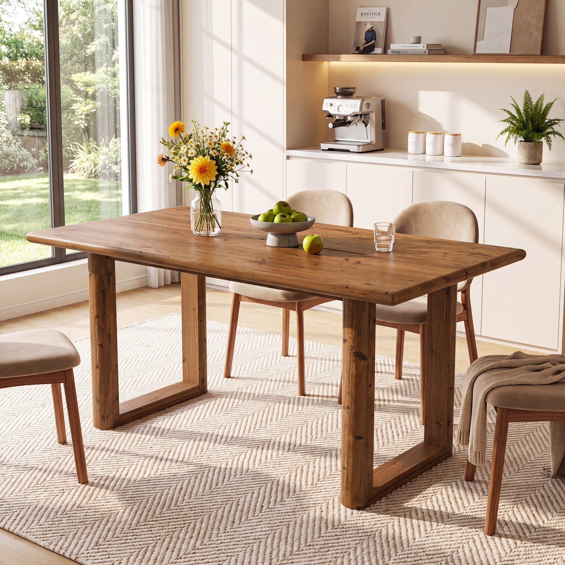 63" Solid Wood Dining Table for 4-6 People, Rectangle Kitchen Table with U-Shaped Legs