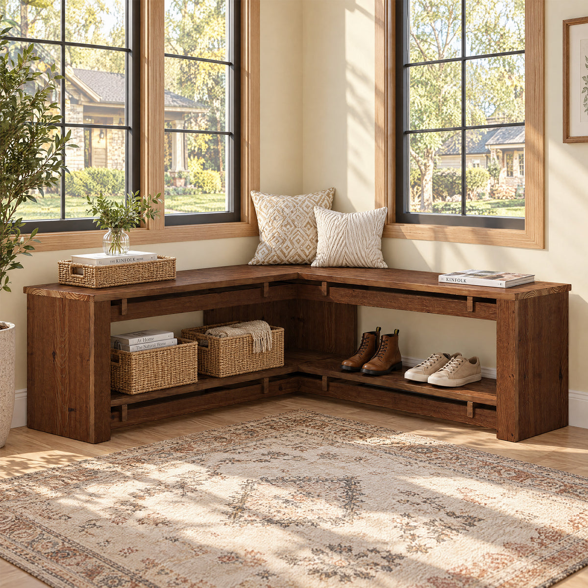 47" L-Shaped Corner Bench, Rustic Solid Wood Shoe Storage, Backless Entryway Mudroom