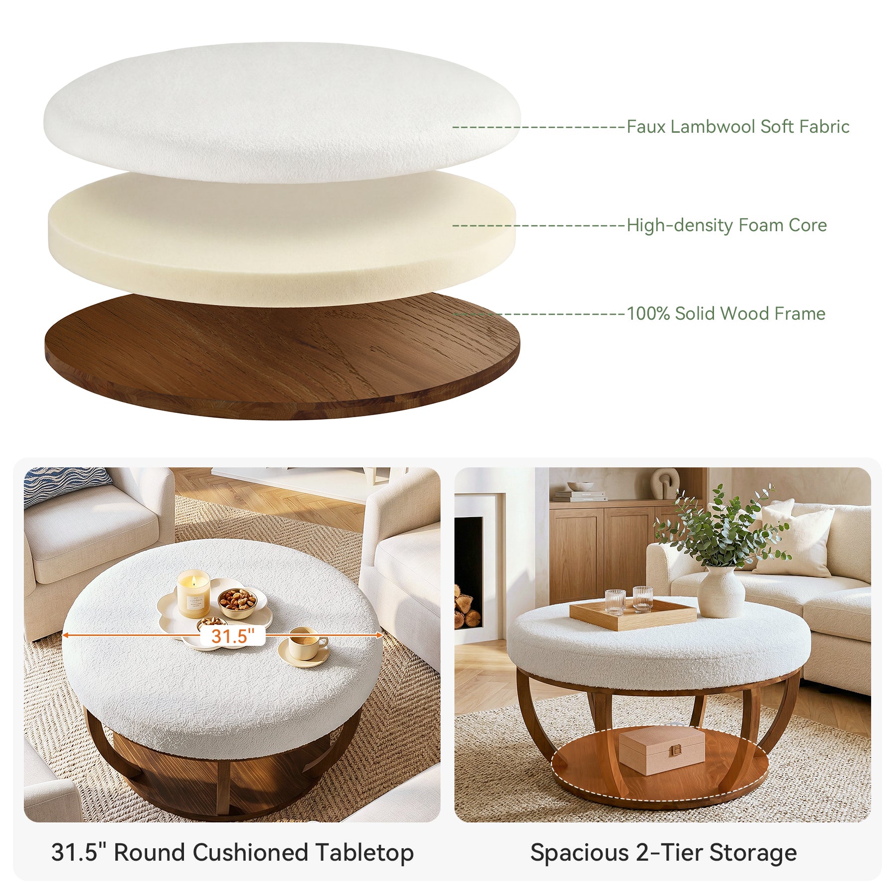 31.5" Round Coffee Table, Modern Footrest Ottoman Center Table with Solid Wood Frame