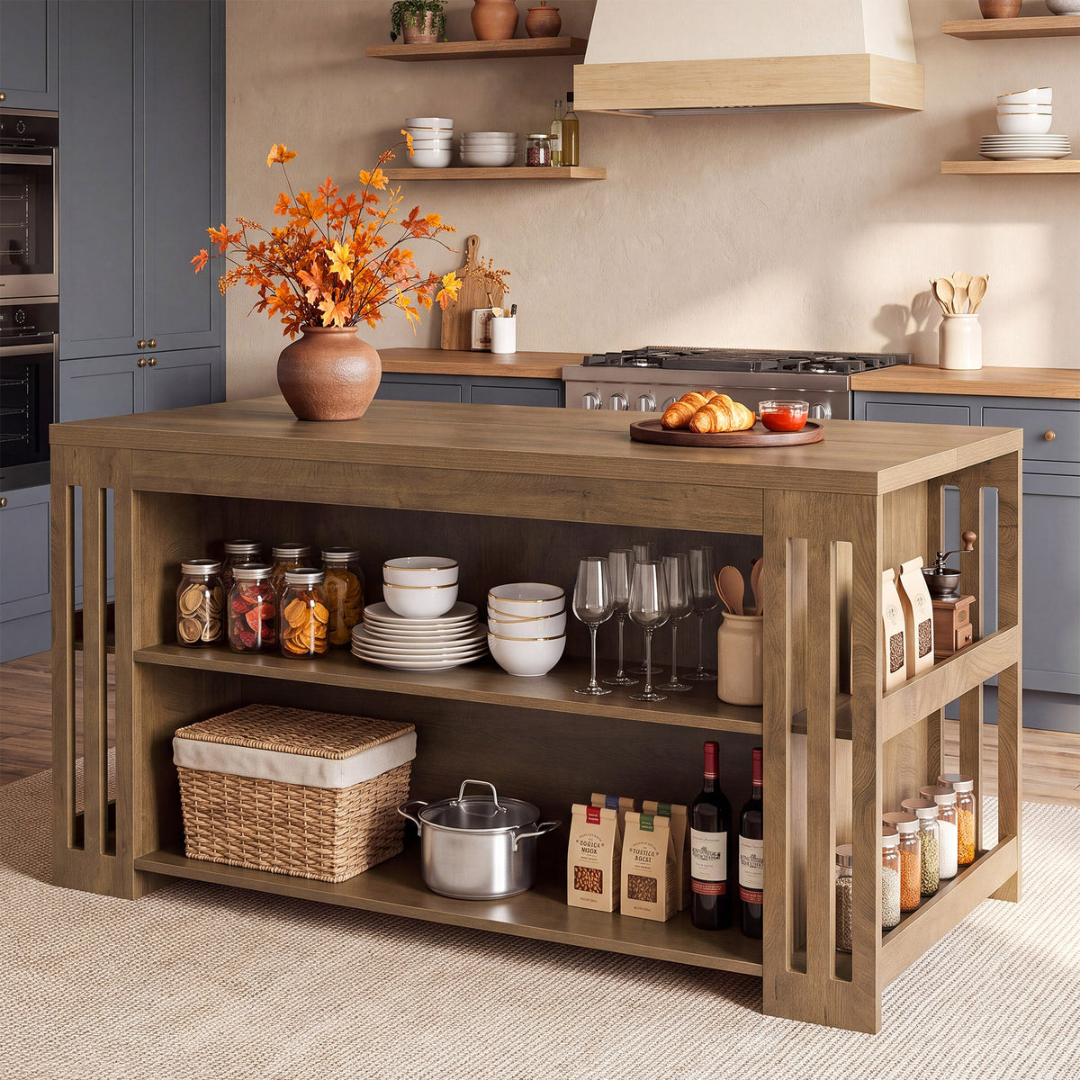 63" Farmhouse Kitchen Island with Storage Shelves, Counter Height Island Table