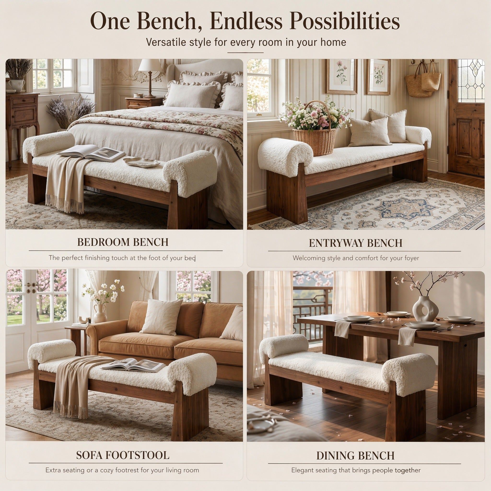 Solid Wood Cushioned Bench, Upholstered Entryway Bench End of Bed Bench