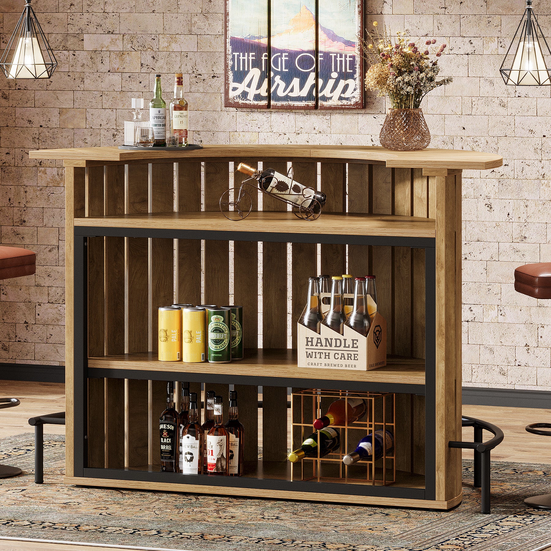 39.4" Bar Table, 4-Tier Arc-Shaped Wine Bar Cabinet with Footrest for Home Pub