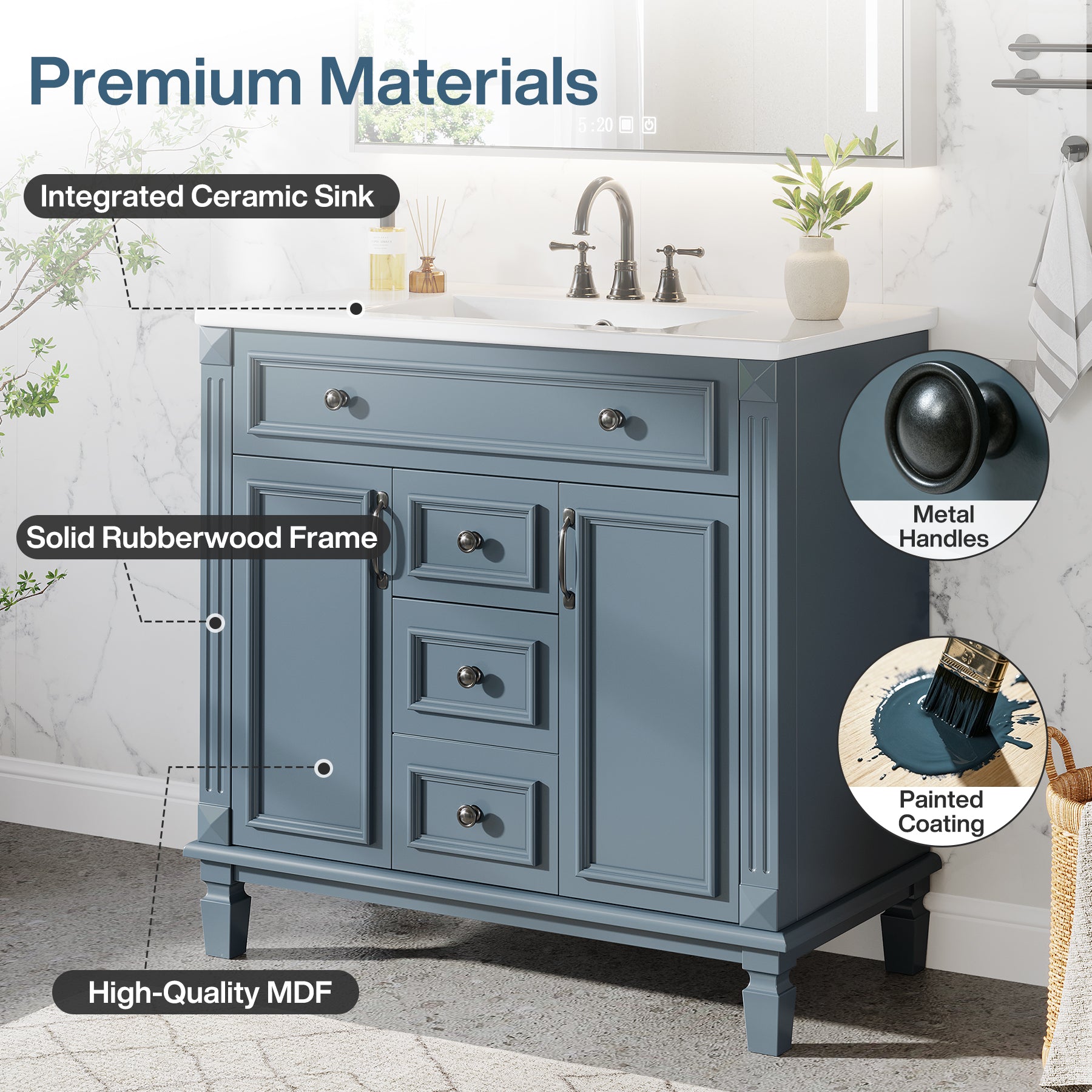 36" Bathroom Vanity With Sink, Bath Storage Vanity with 2 Drawers & 2 Door Organizers