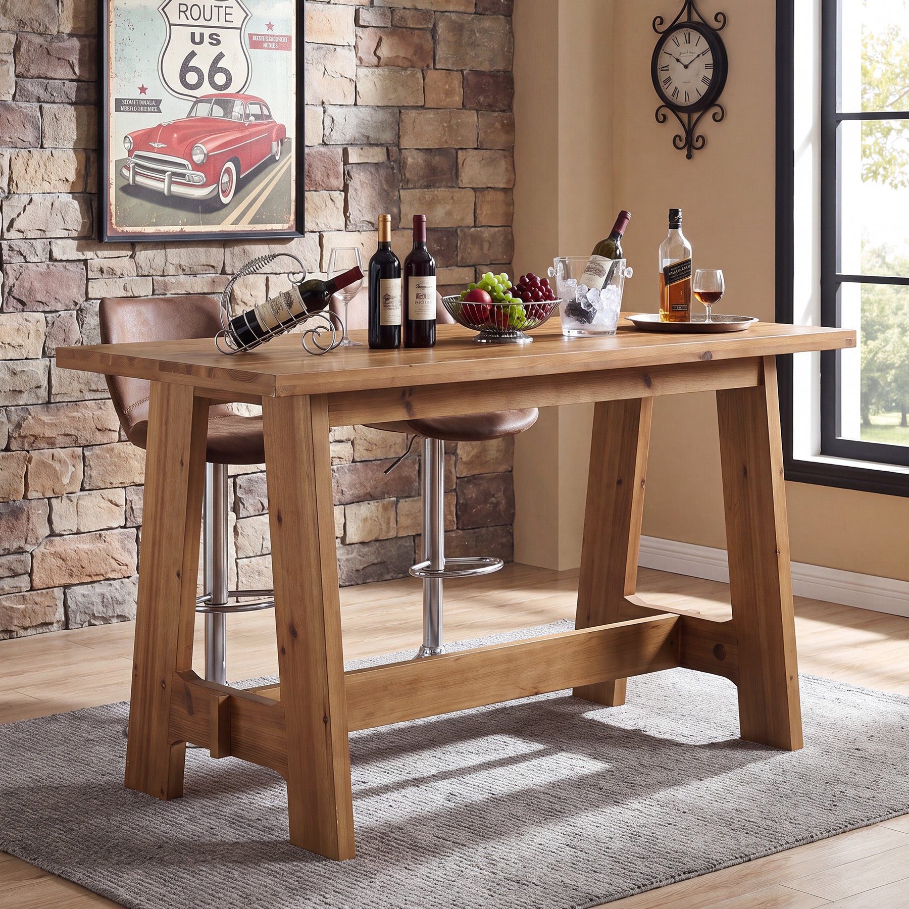 63" Solid Wood Bar Table, Rectangular Farmhouse Dining  Pub Table with A-Frame