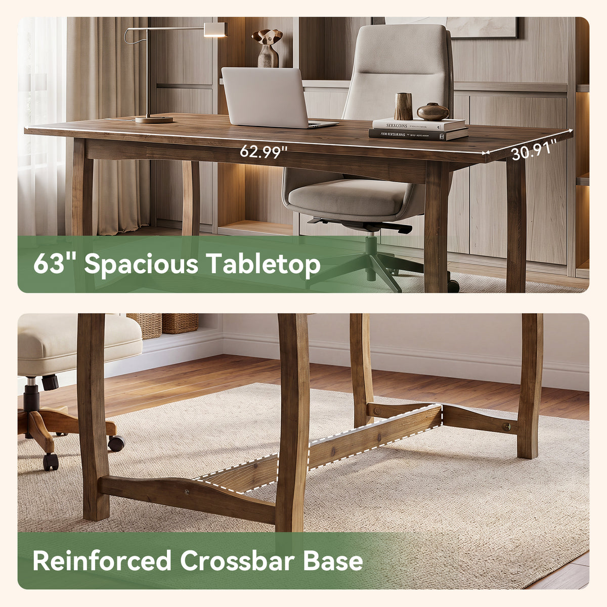 63" Solid Wood Executive Desk, Farmhouse Computer Desk with Reinforced Trestle Base