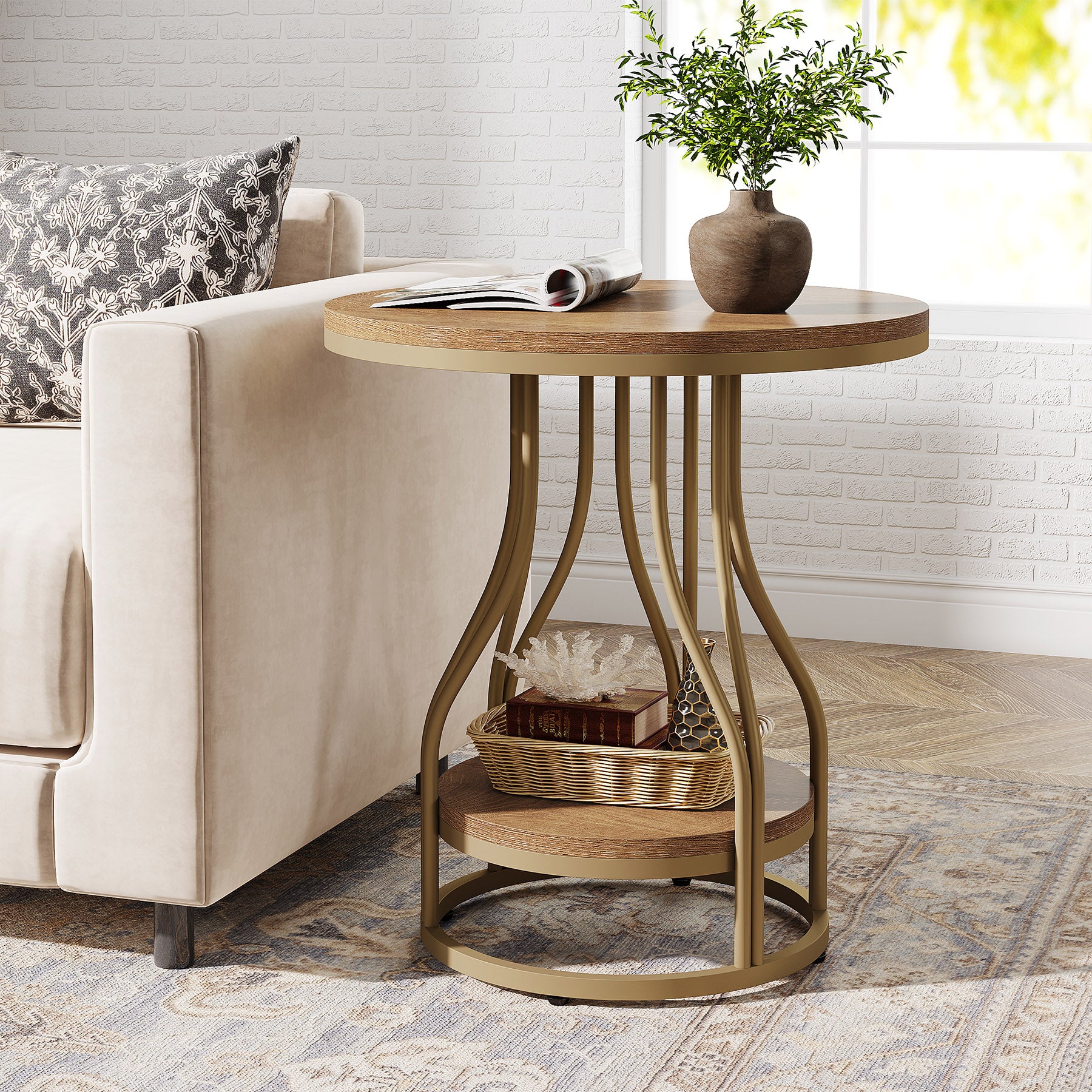2-Tier End Table, Round Sofa Side Table with Metal Frame