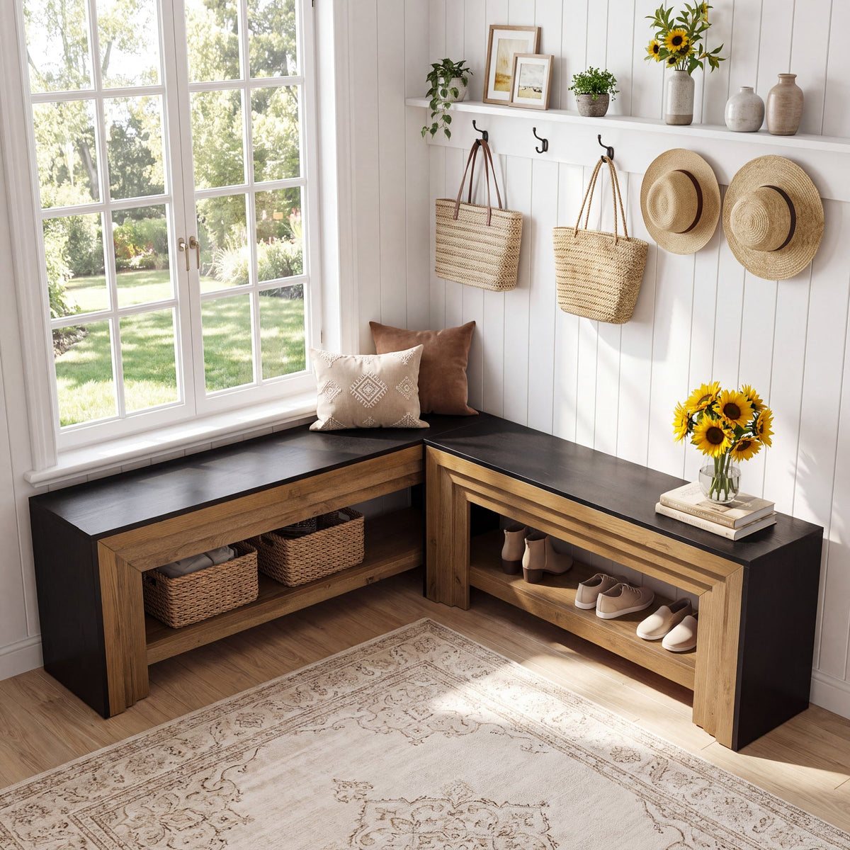 55" L-Shaped Corner Shoe Storage Bench, 2-Tier Entryway Bench with Open Shelves