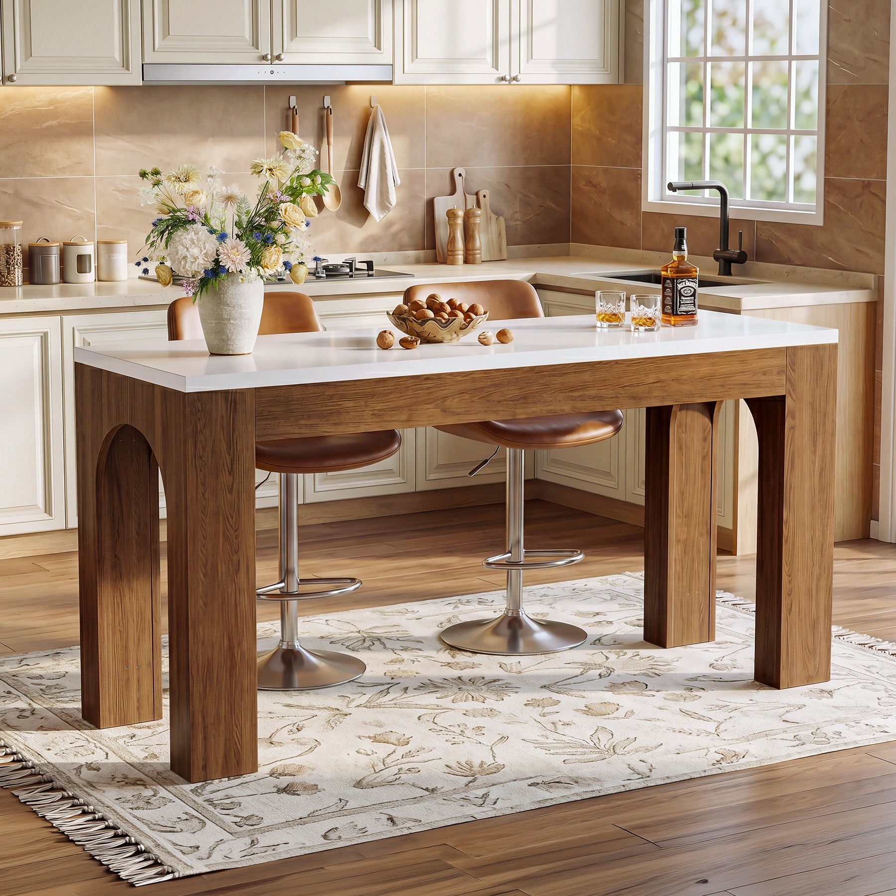 63" Modern Bar Table, Rectangular Counter Height Pub Table with Arched Leg