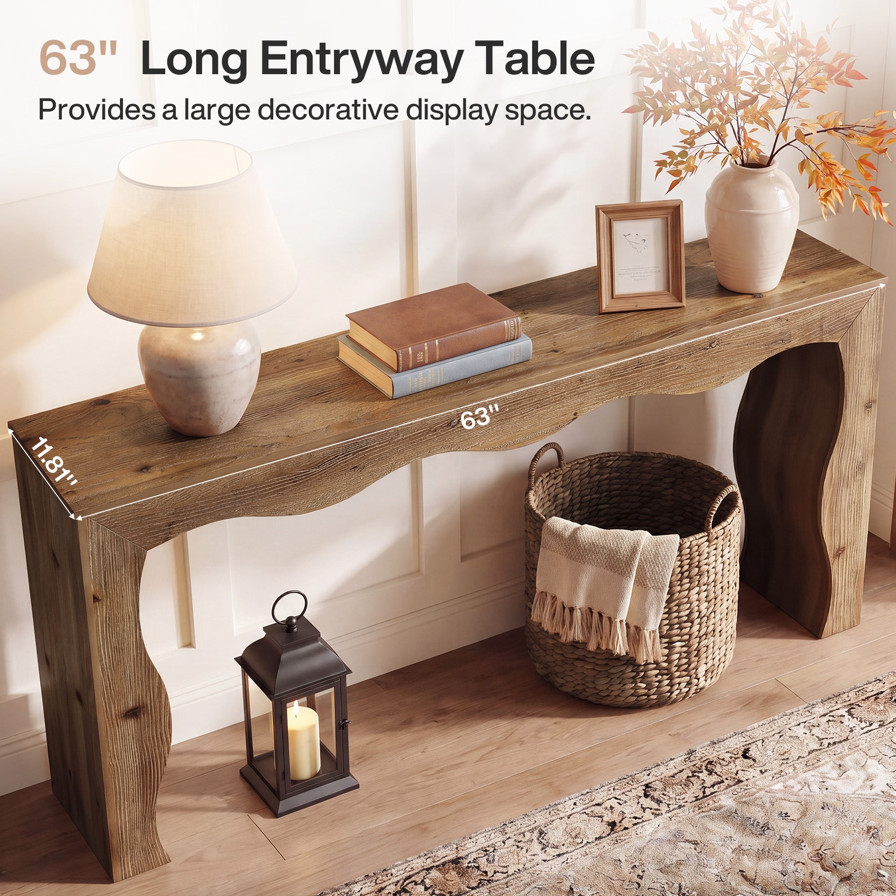 63" Solid Wood Console Table, Farmhouse Entryway Sofa Table with Wavy Edge