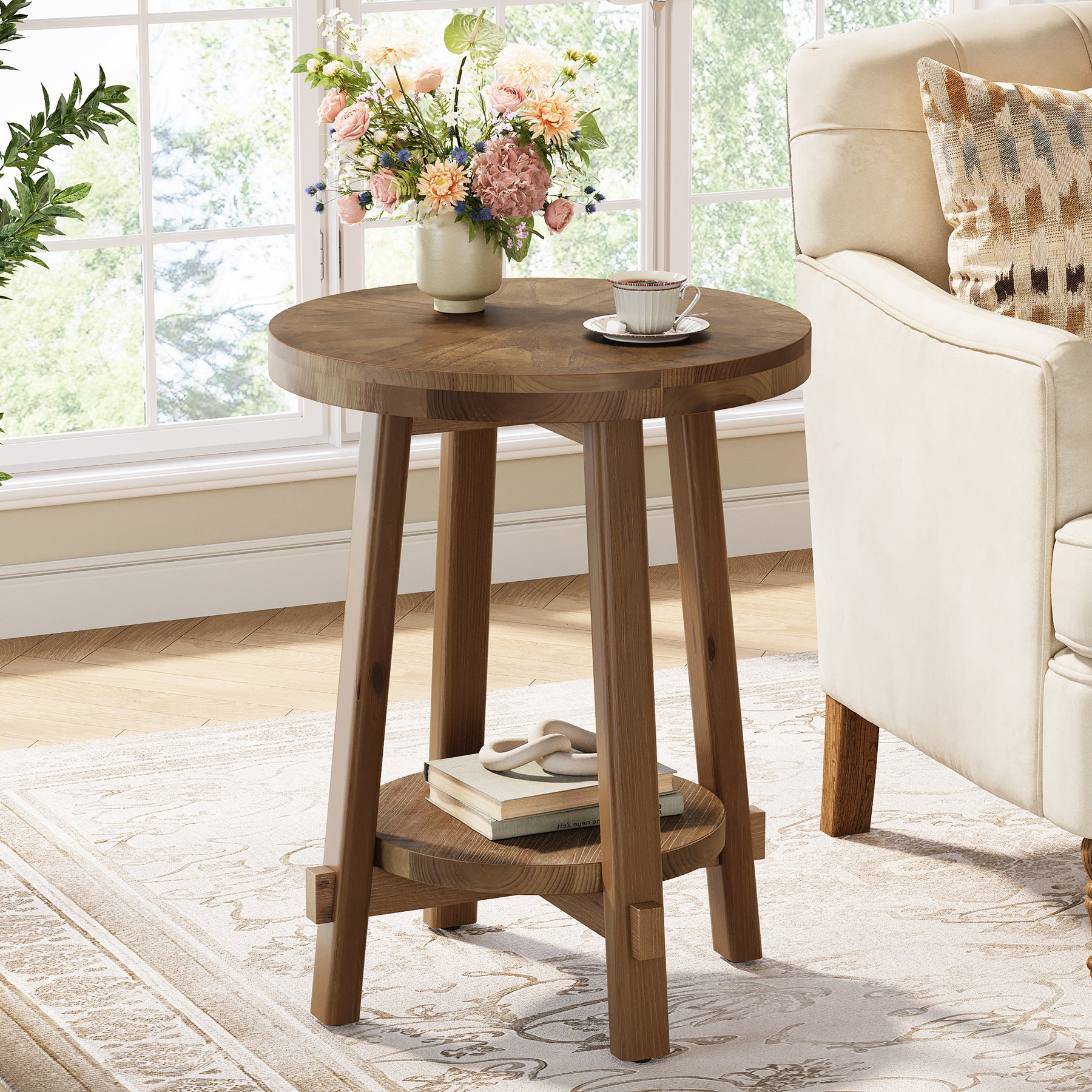 19.6" Round End Table, Solid Wood Side Table with 2-Tier Storage