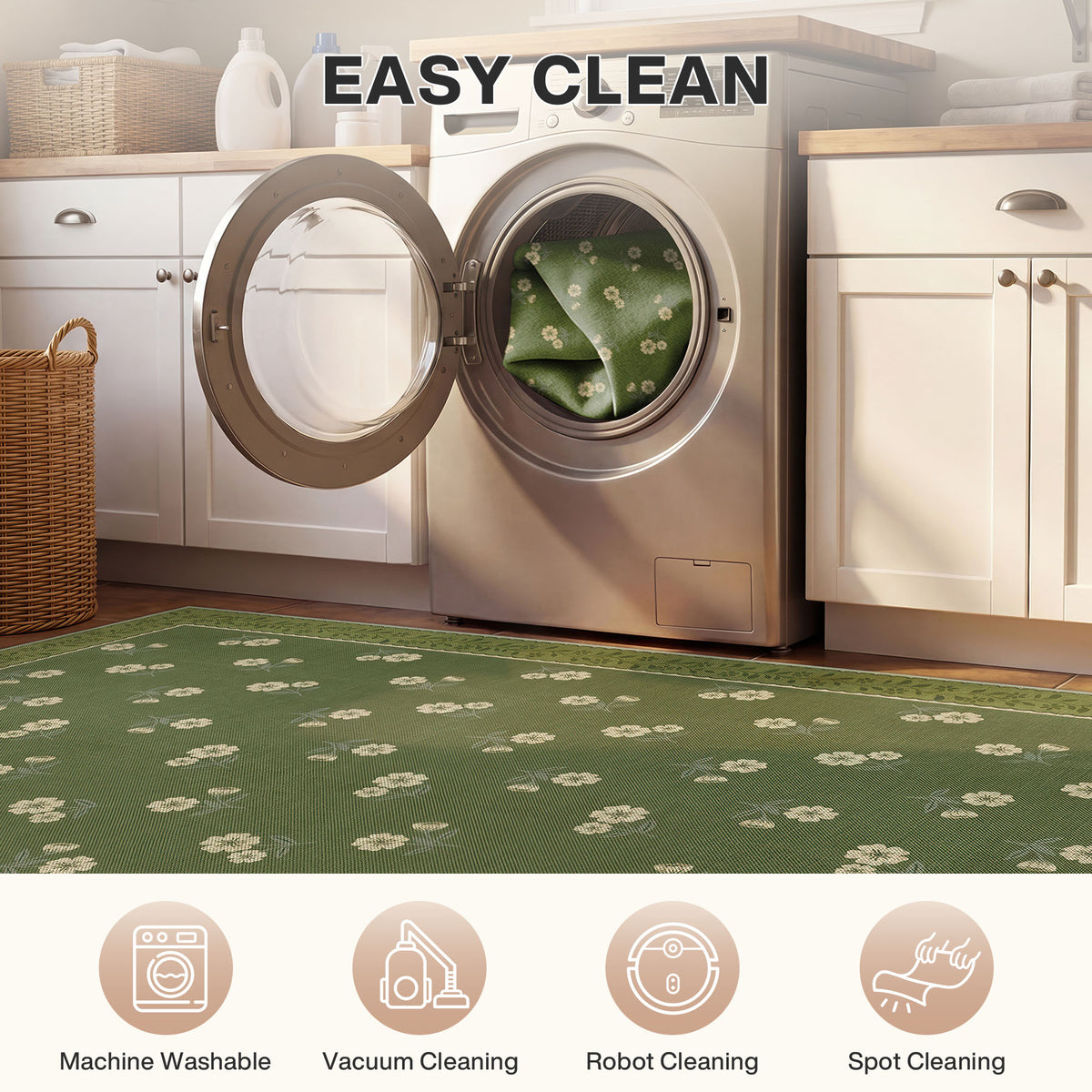 Farmhouse Floral Easy Jute Rug Washable Indoor Outdoor Low-Pile Area Rug