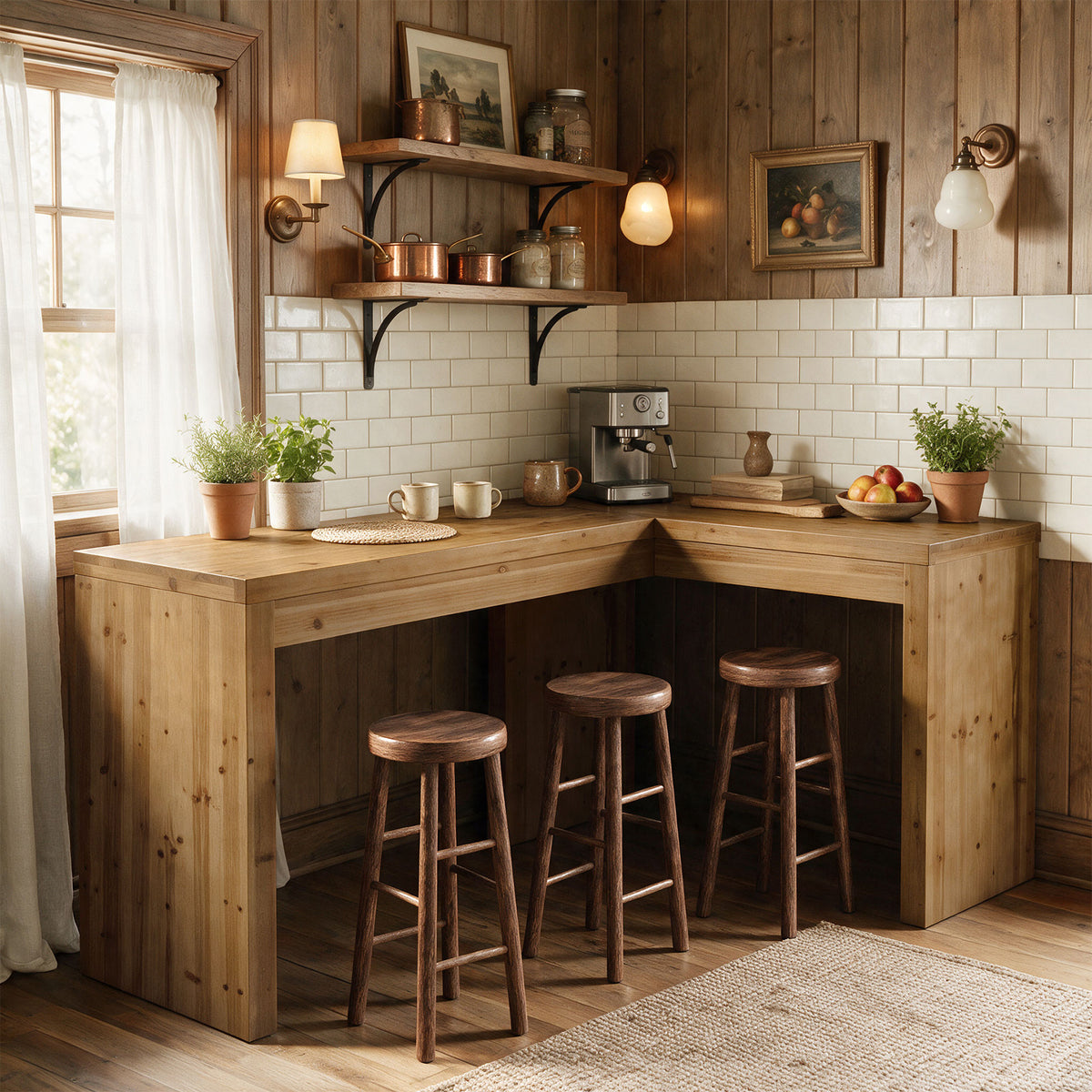 63" x 47" L-Shaped Solid Wood Bar Table, Counter Height with 2.4" Thick Panel Legs