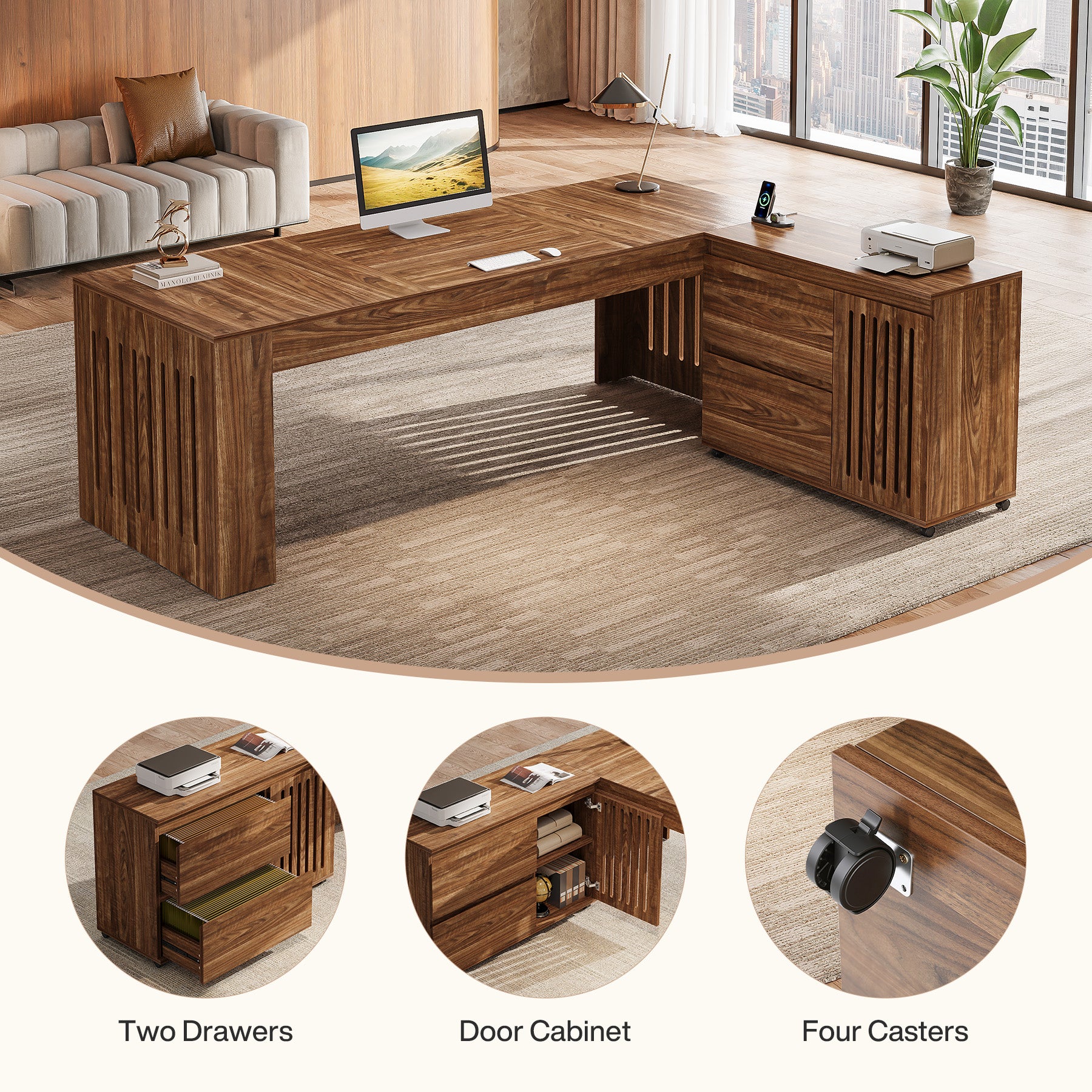 L-Shaped Executive Desk, 70.86" Computer Office Desk with 39.37" Mobile File Cabinet