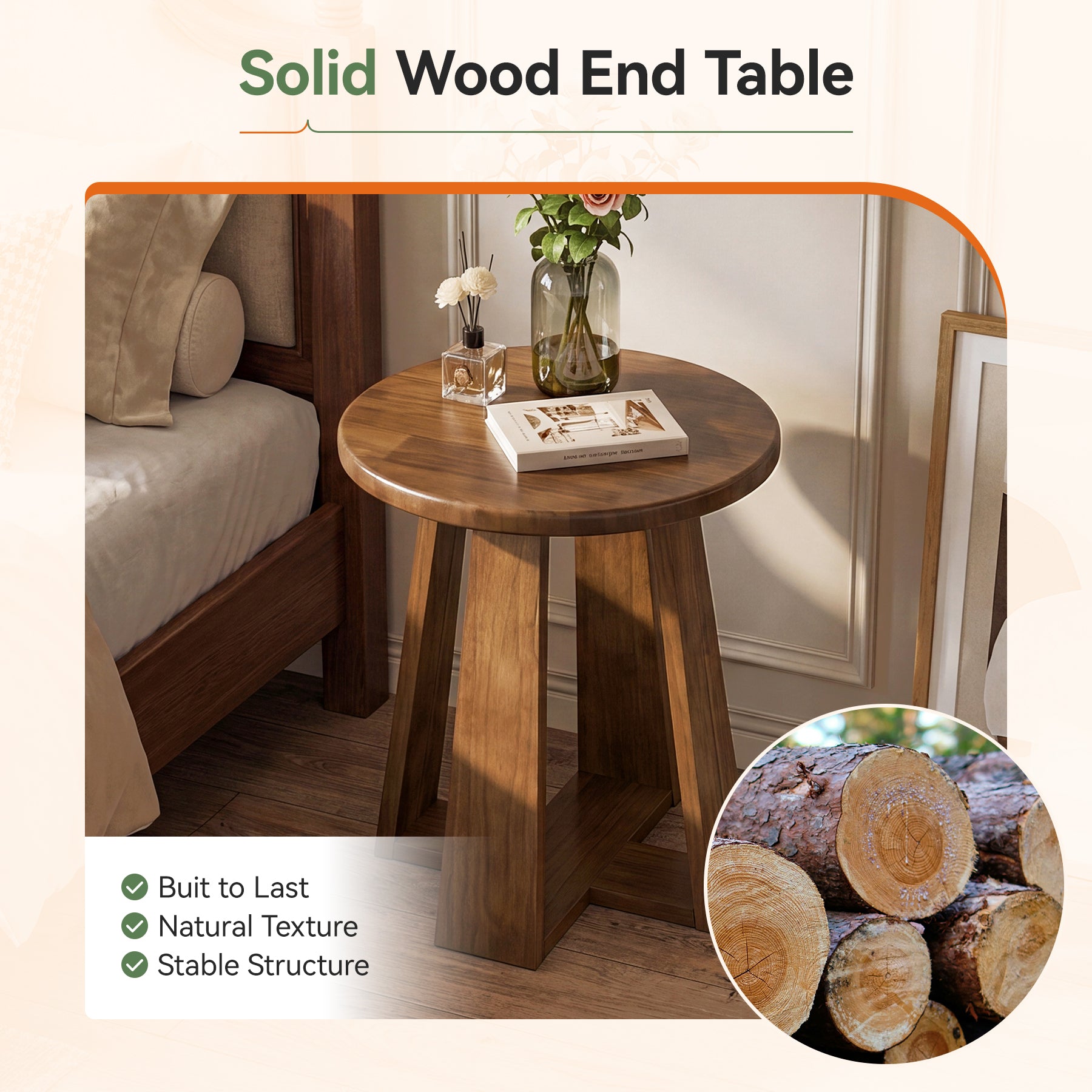 Modern Round End Table, Solid Wood Accent Side Table with Unique Geometric Legs