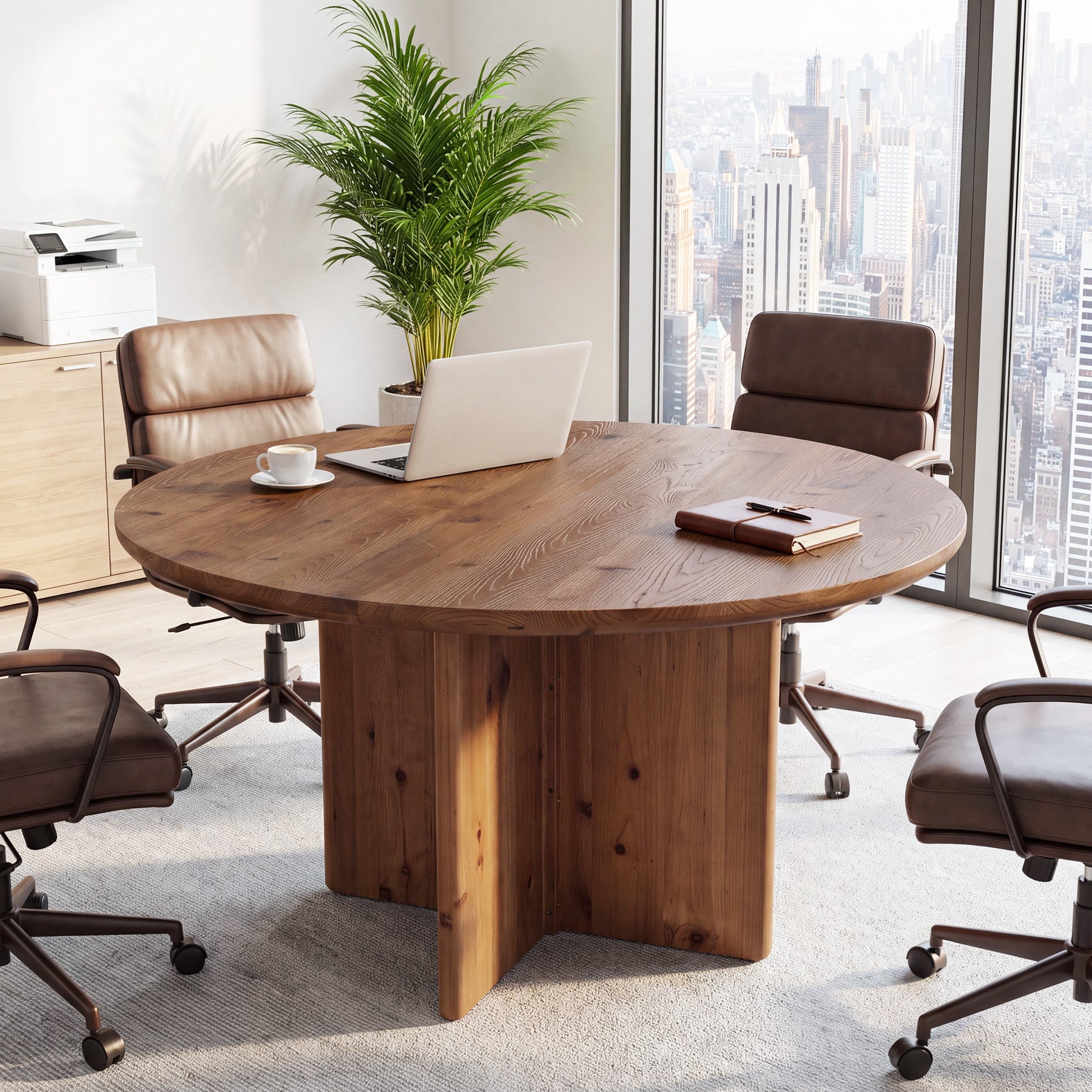 47.2" Round Conference Table, Solid Wood Office Meeting Table with Cross Pedestal Base for 4-6