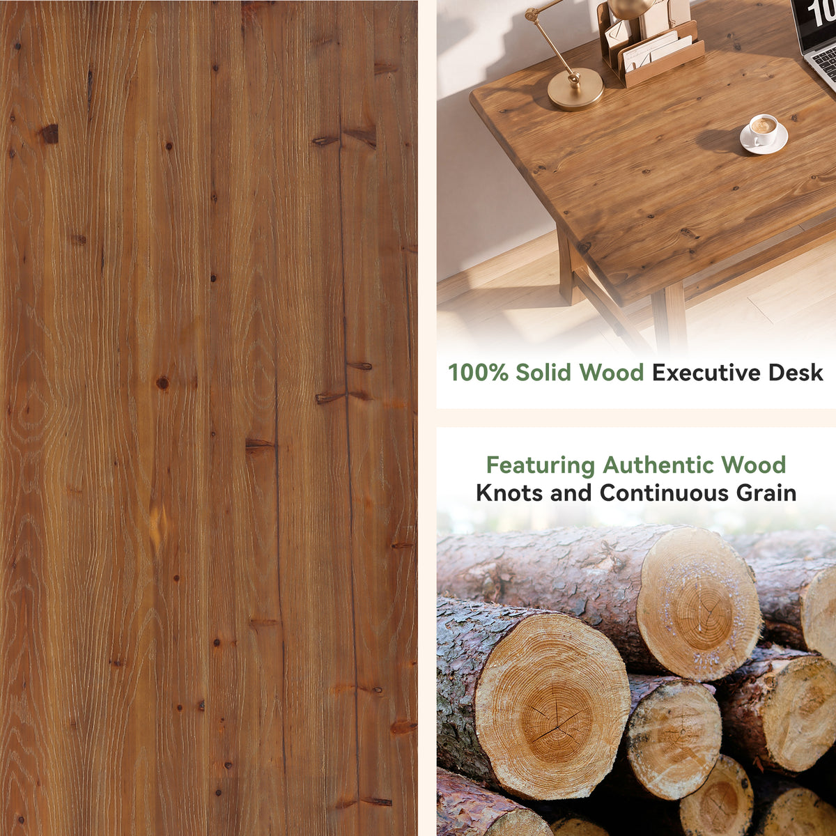 71" Rustic Executive Desk, Solid Wood Double Computer Desk, Home Office
