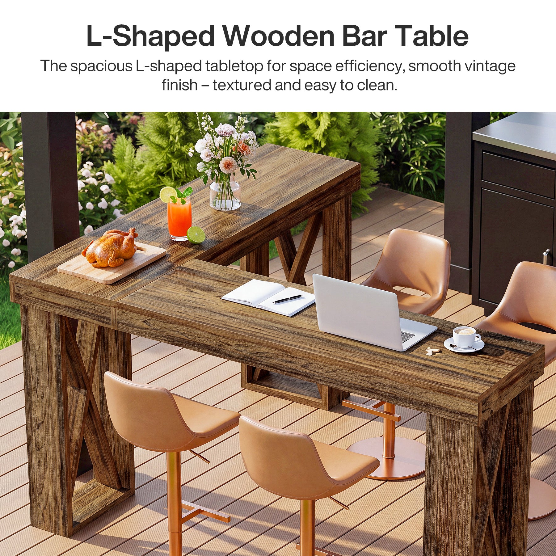 L-Shaped Bar Table, 63" x 55" High Top Corner Dining Table Pub Table with X-Cutout Leg