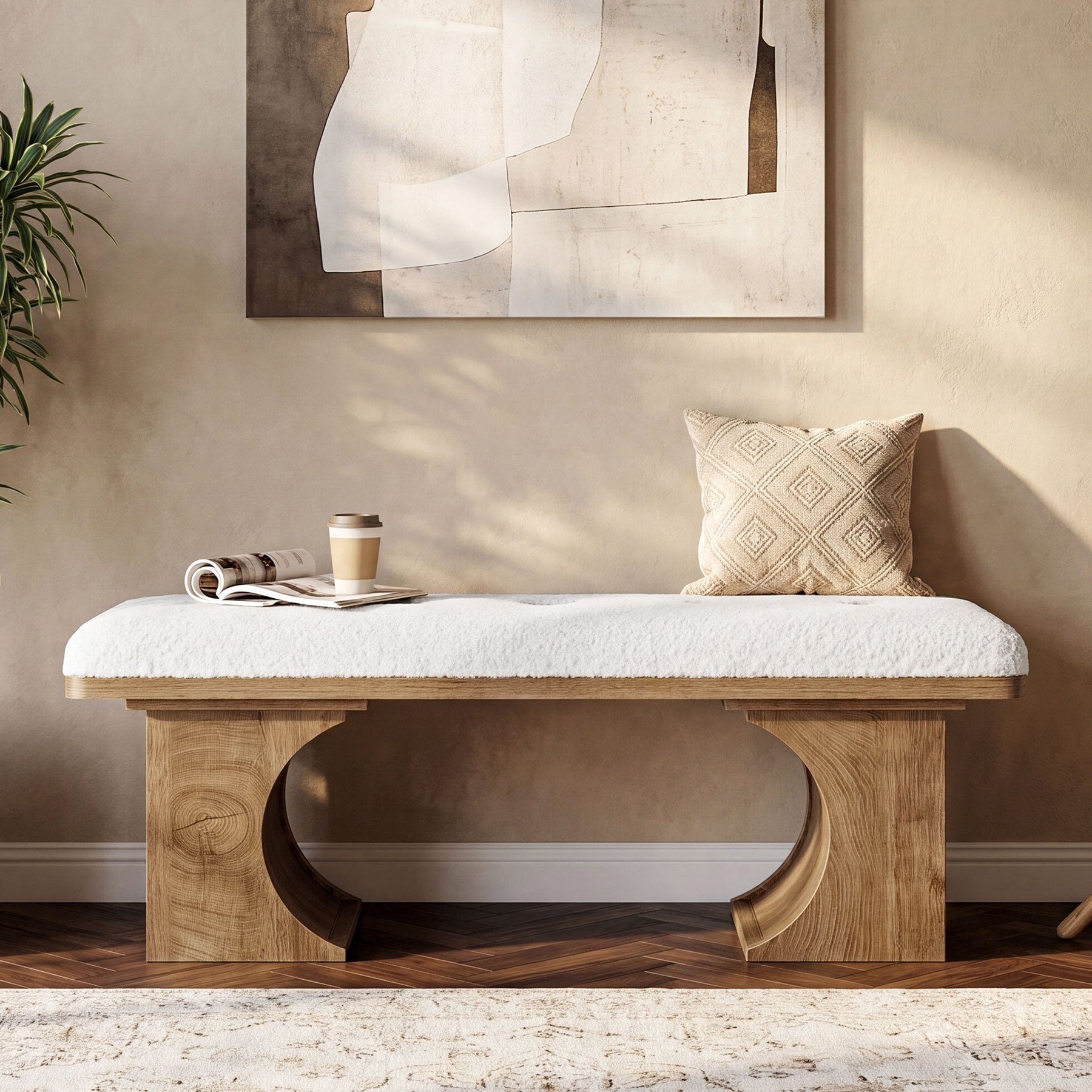 Tribesigns 47.24-Inch Upholstered Entryway Bench with Soft Cushion and Curved Wooden Legs, Modern Rustic Shoe Bench for Hallway and Living Room