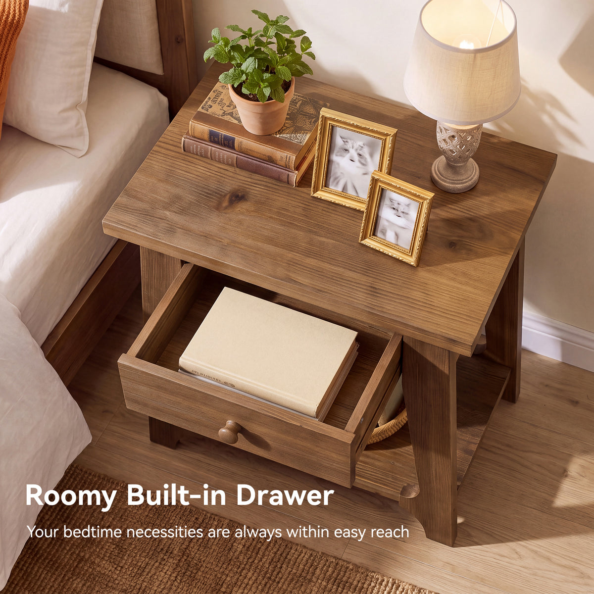 Solid Wood Nightstand, Farmhouse Bedside Table with Drawer & Open Shelf