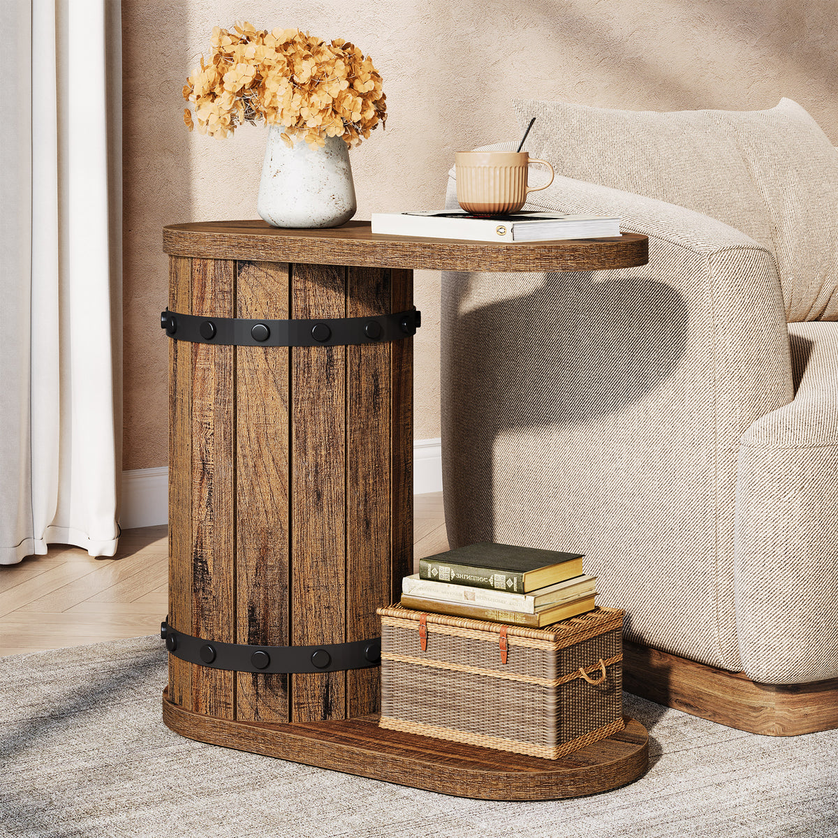 24" Barrel C-Shape Side Table, 2-Tier End Table, Narrow Nightstand for Couch, Living Room