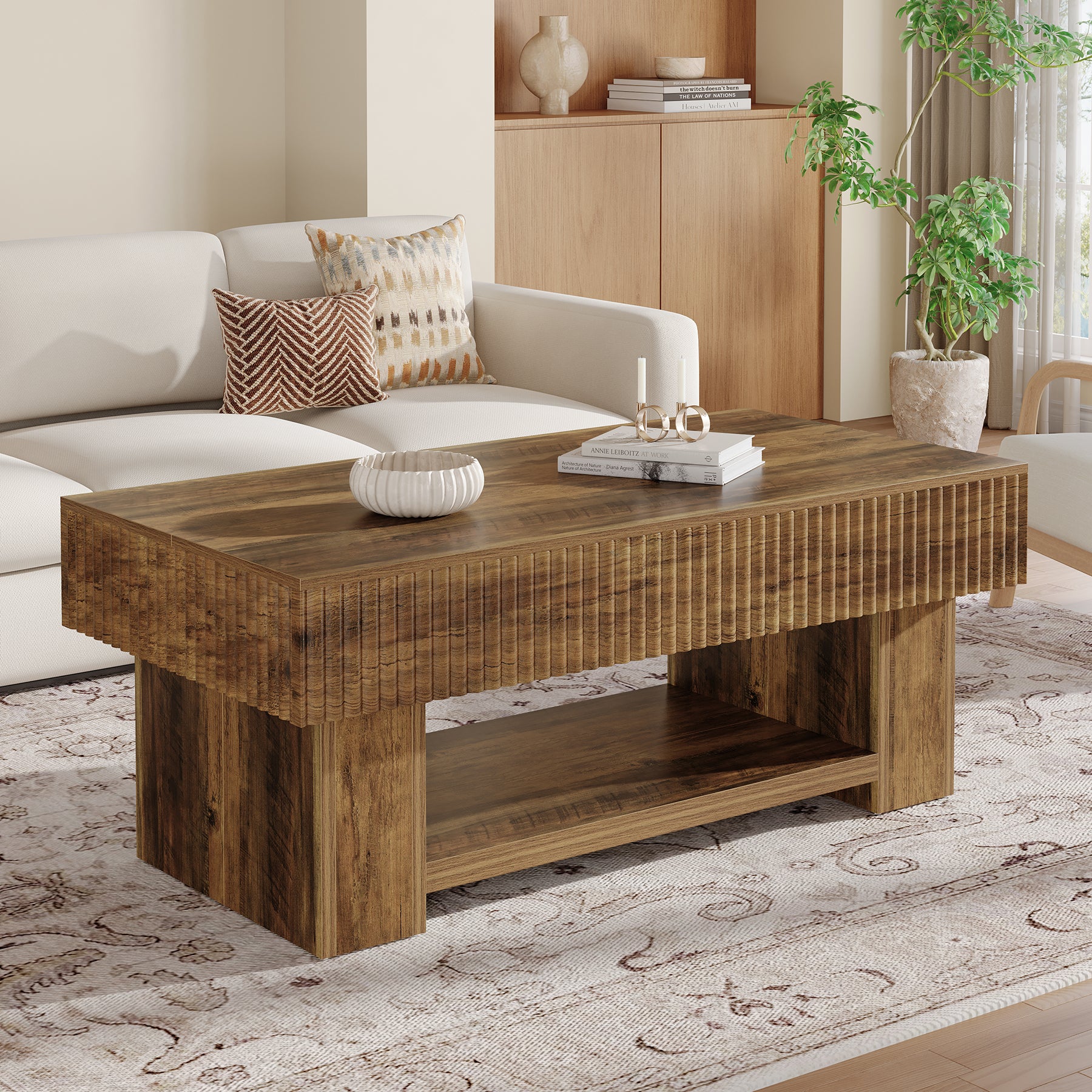 Farmhouse Coffee Table with Storage, 47" Center Table with Fluted Panel