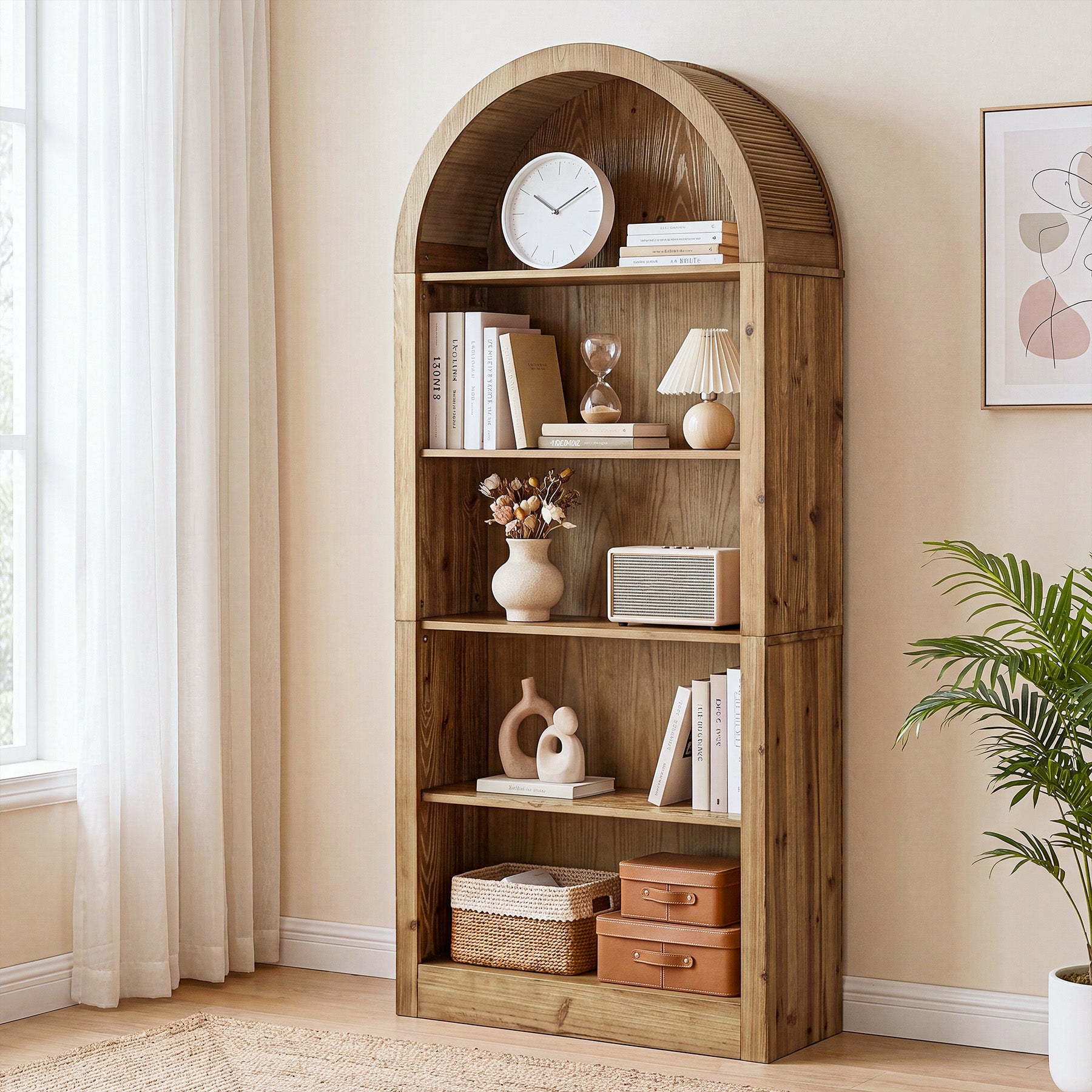 70.8" Solid Wood Tall Bookcase , 5-Tier Arched Bookshelf Open Display Etagere