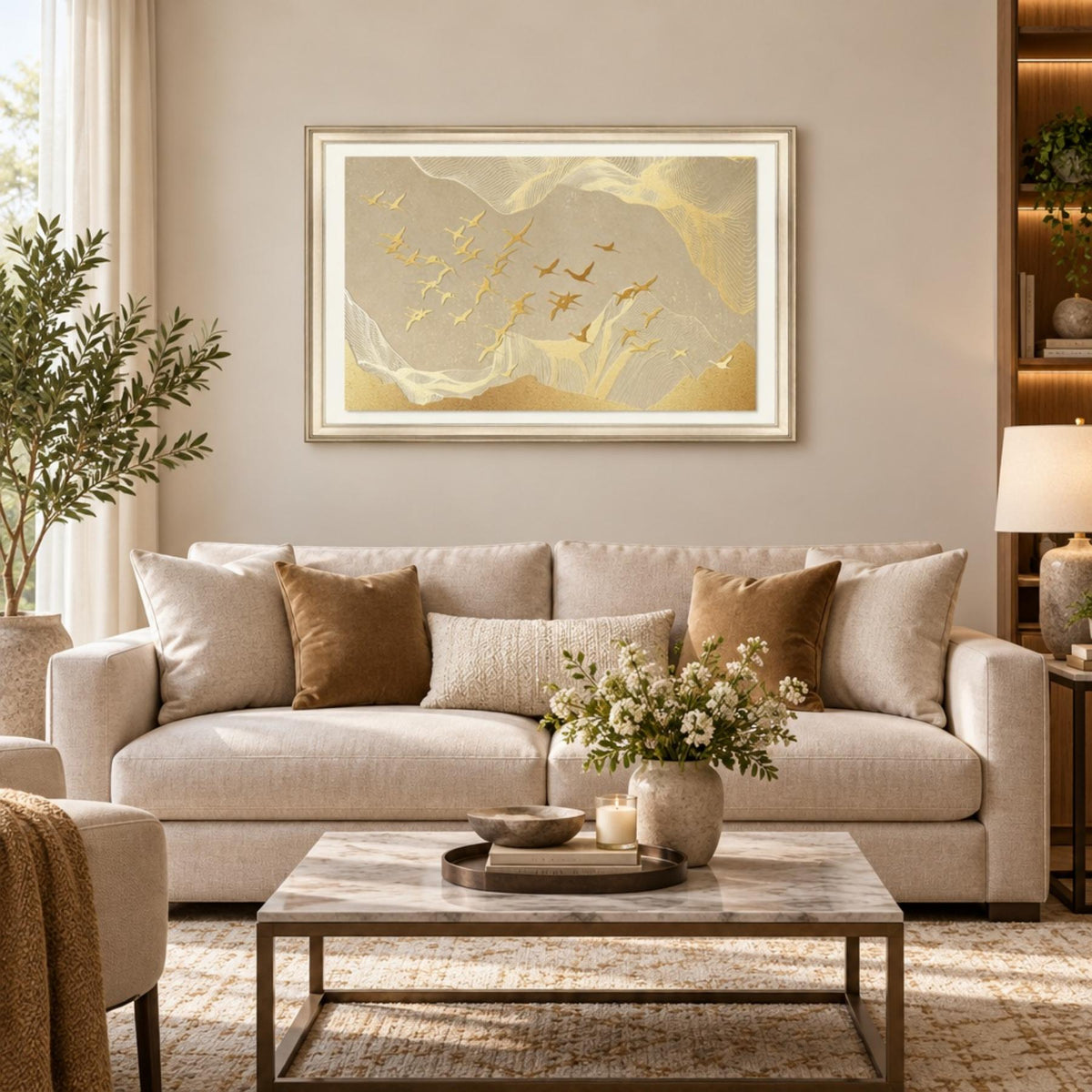 Tribesigns 24x36 Inch Modern Abstract Gold Framed Wall Art for Living Room
