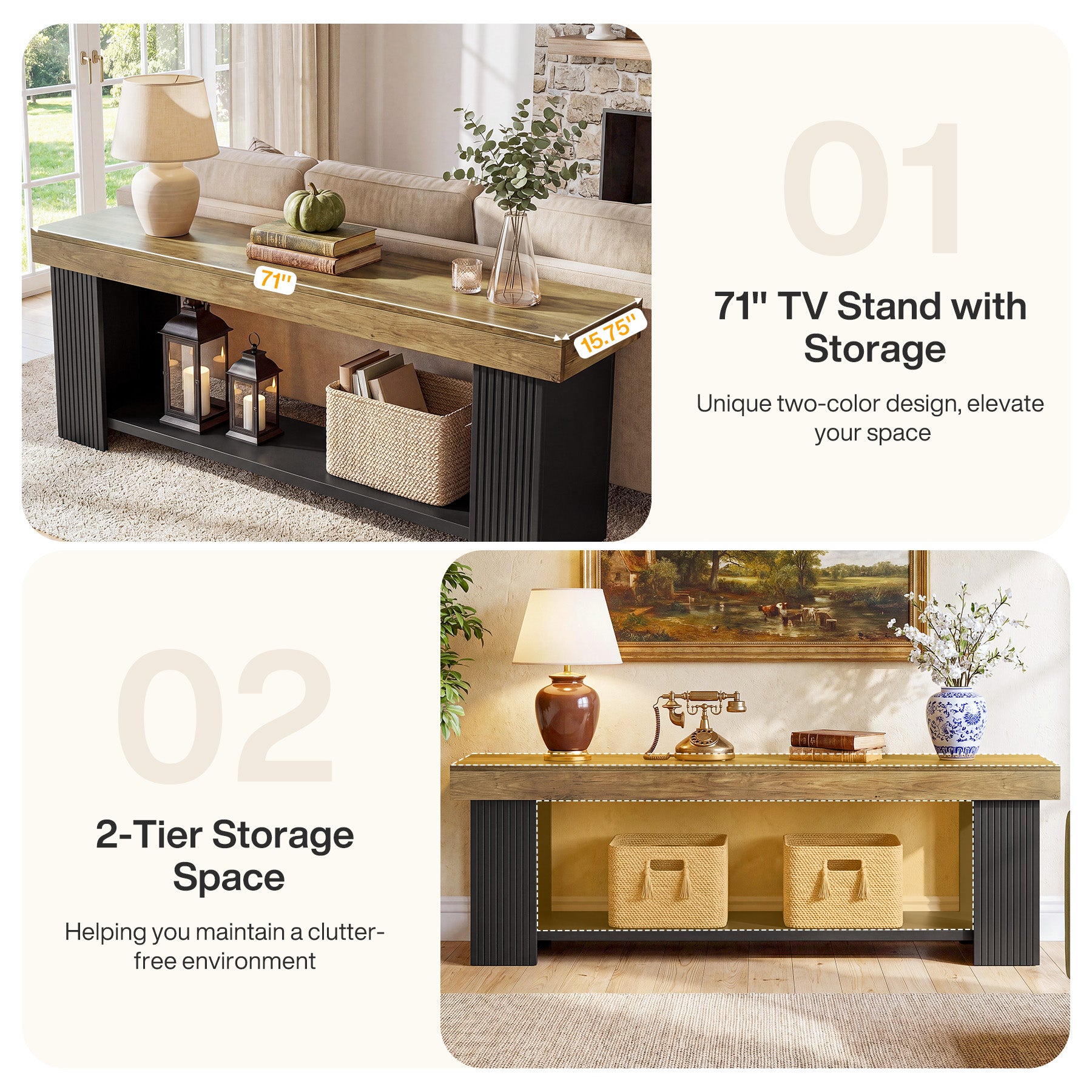 71" TV Stand for 70/75/80" TVs, Farmhouse Entertainment Center with Open Shelf
