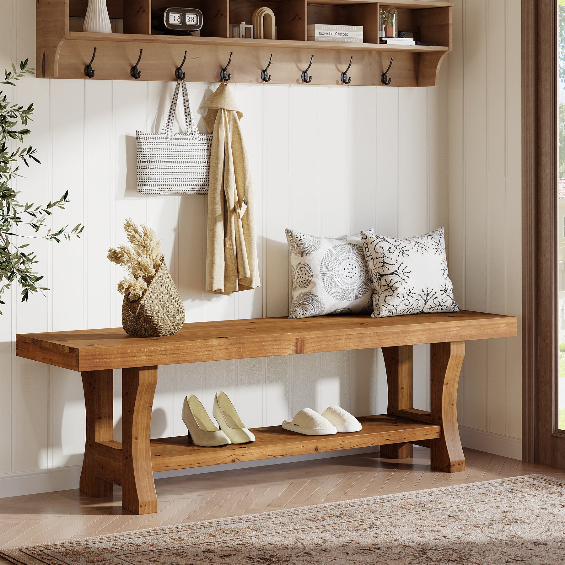 55" Entryway Bench, Solid Wood End of Bed Bench