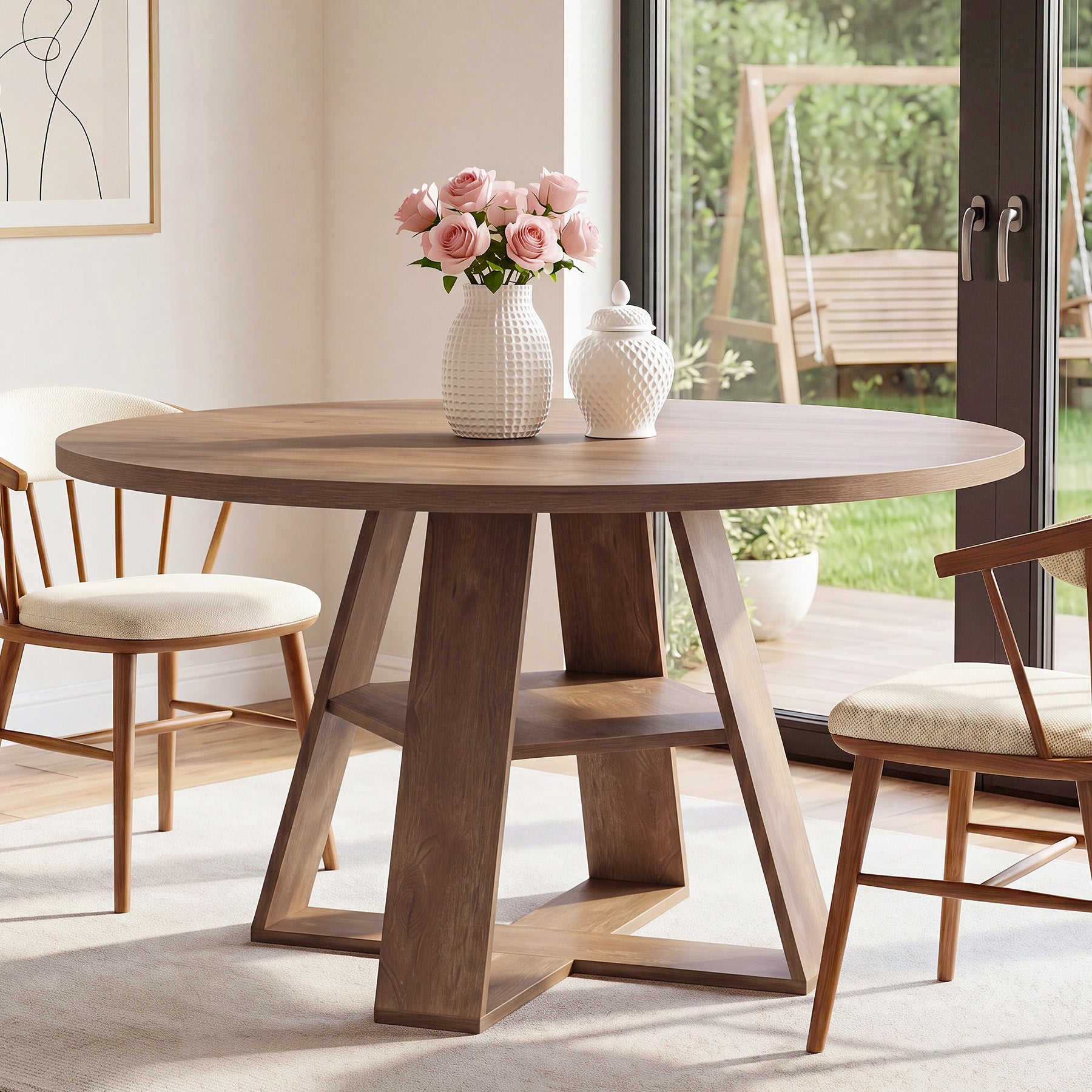47.24" Round Dining Table for 4-6, Farmhouse Kitchen Table with Storage Shelf & X-Cross Base