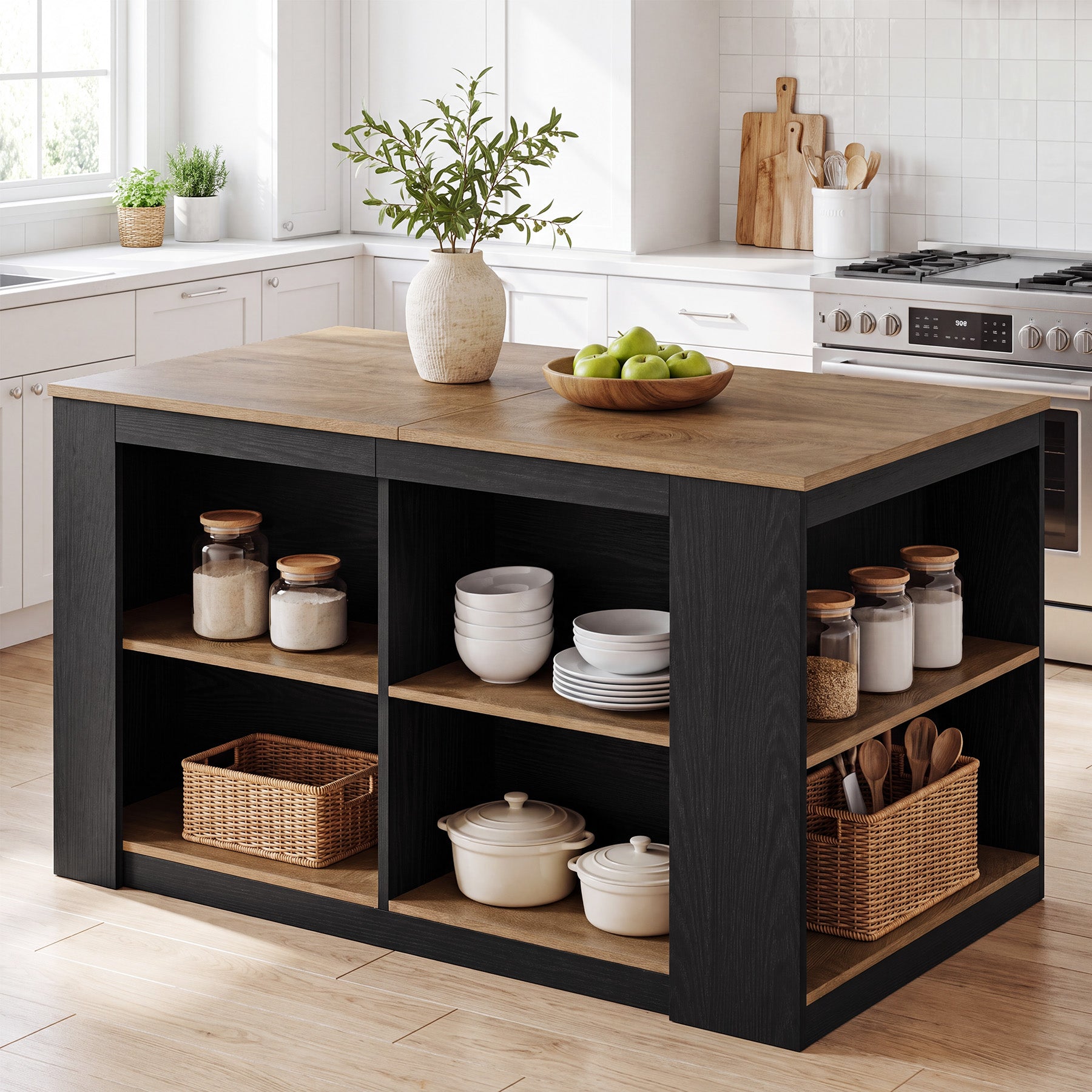 55" Two-Tone Kitchen Island with Storage Shelves, Large Worktop Dining Table