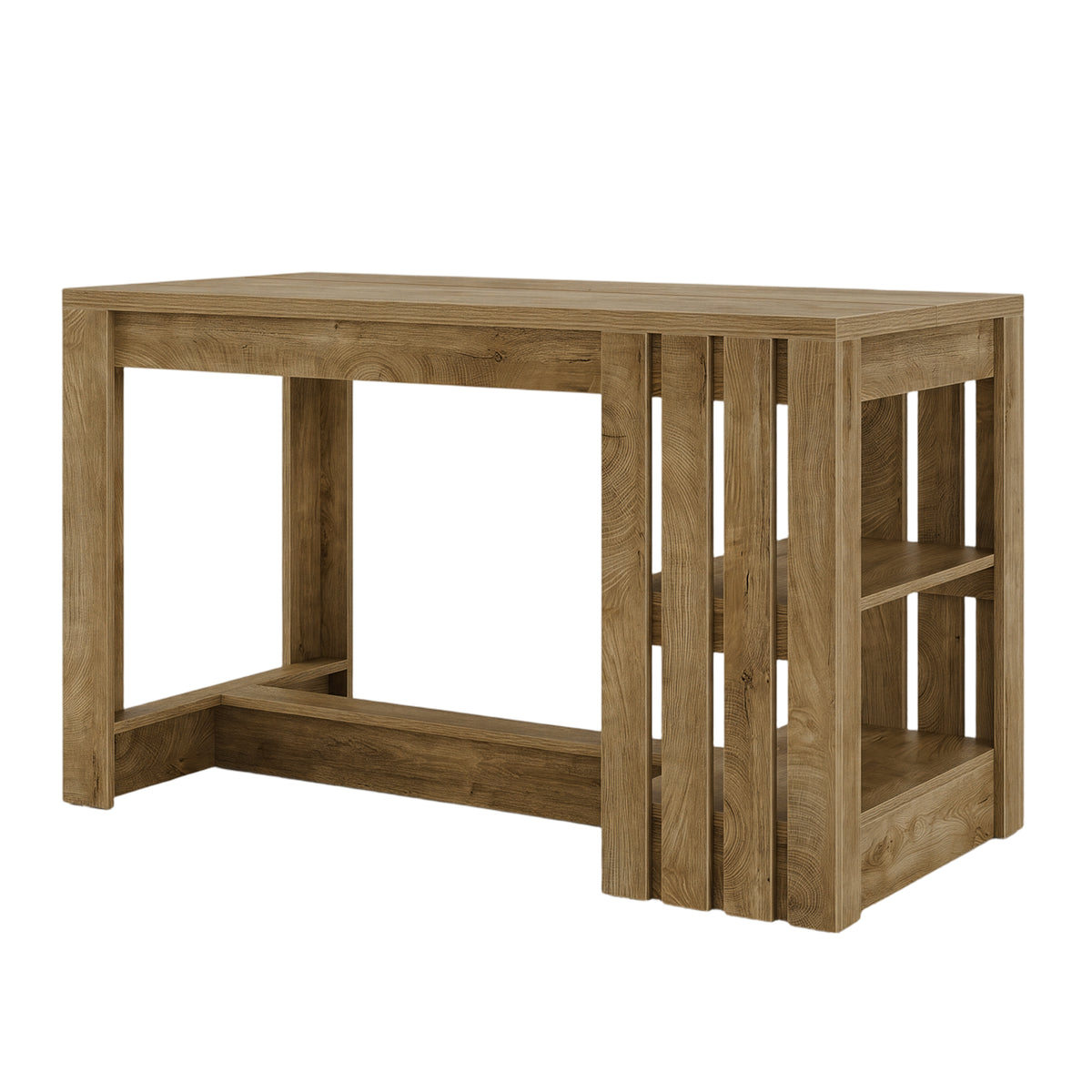 55" Kitchen Island, Farmhouse Stationary Island Table with 2-Tier Storage & Slatted Side Panel