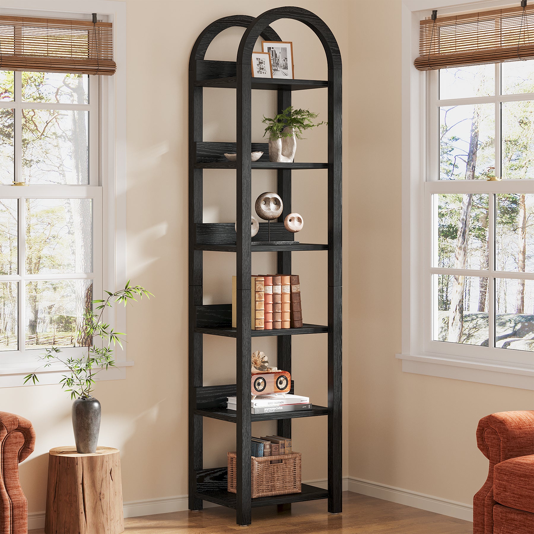 71" Tall and Narrow Bookshelf, 6-Tier Arched Bookcase Open Storage Rack