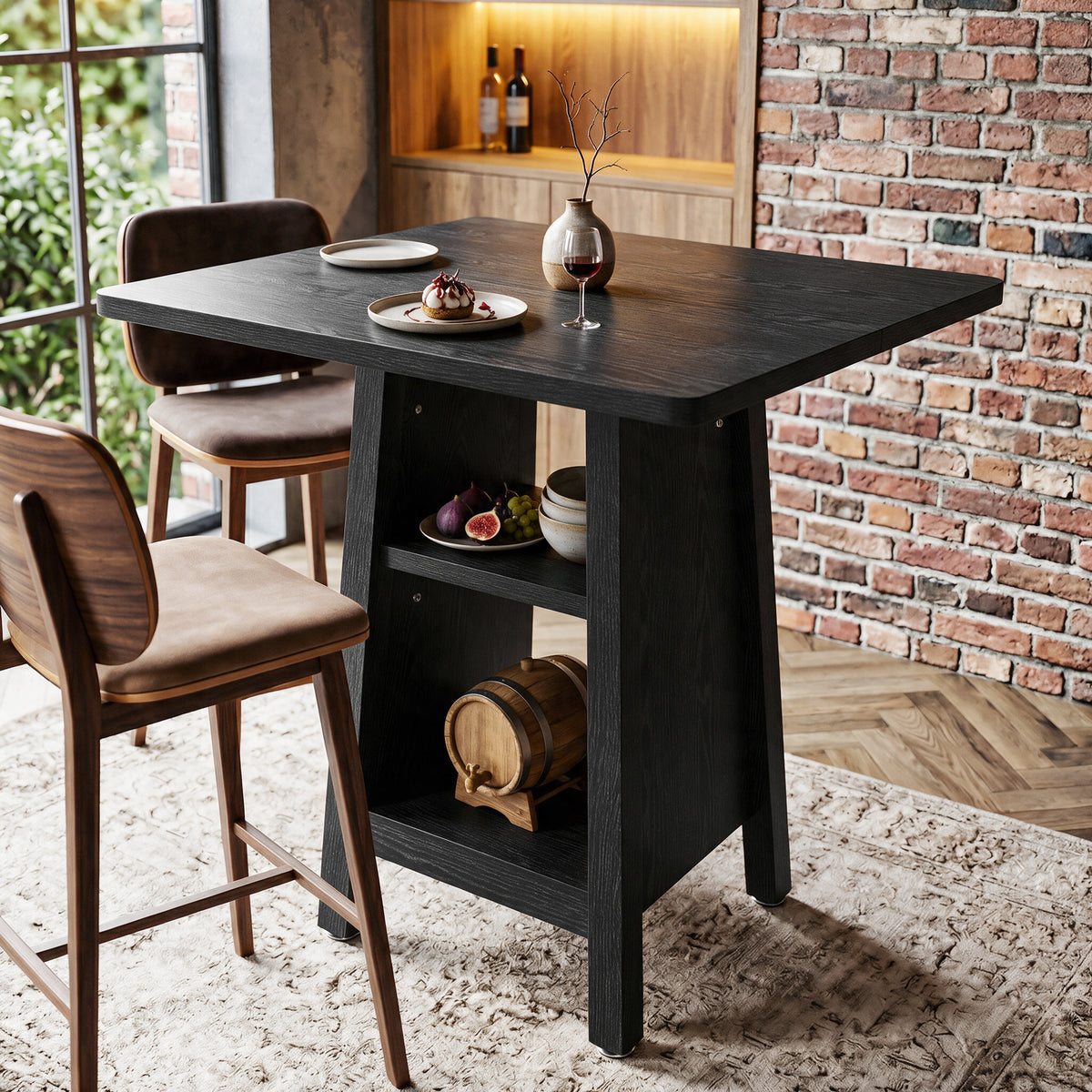 Square Bar Table with Storage, 35.4" H Pub Bar Table with 2 Open Shelves