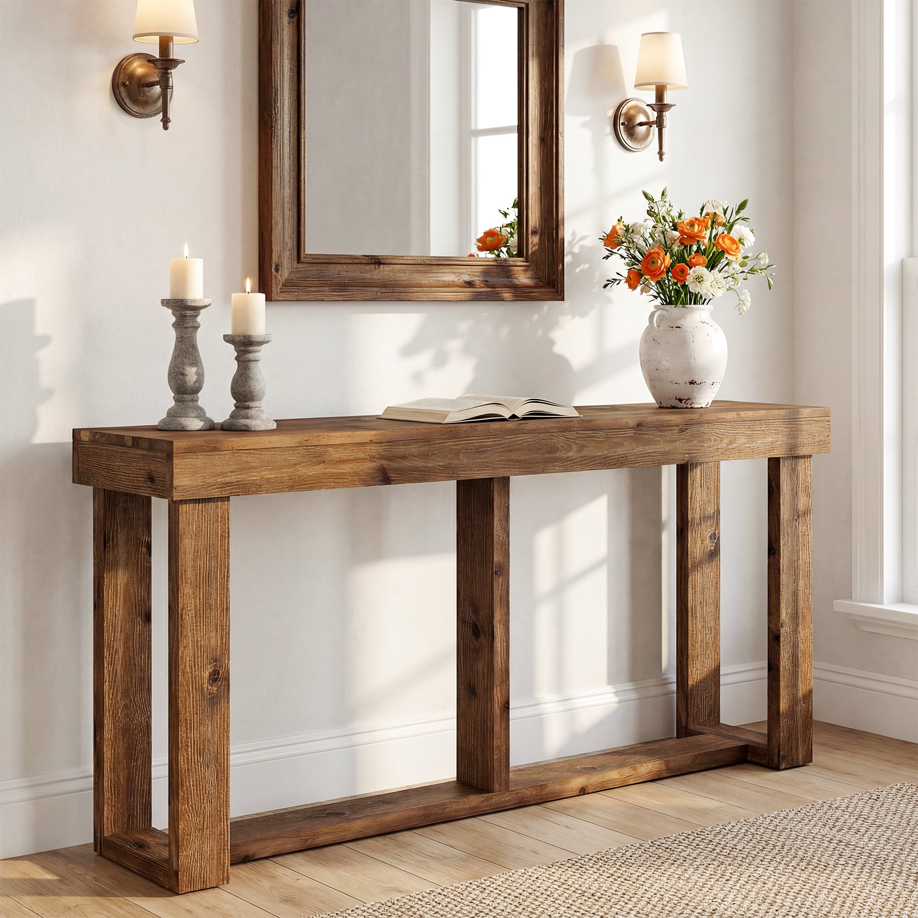 63" Solid Wood Console Table, Farmhouse Sofa Entryway Table for Living Room