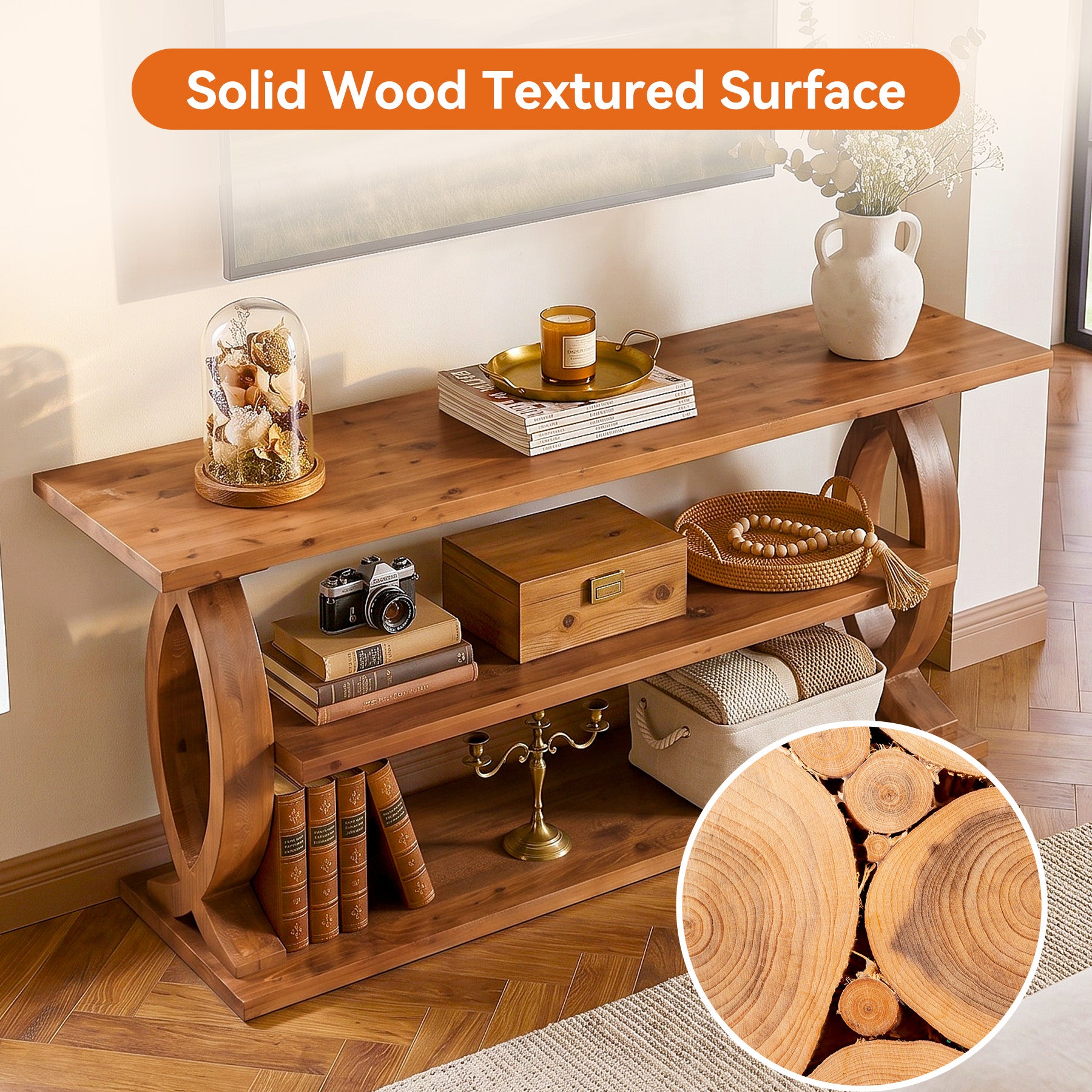 63" Solid Wood TV Stand for 75" TVs, 3-Tier TV Console with Open Storage Shelves