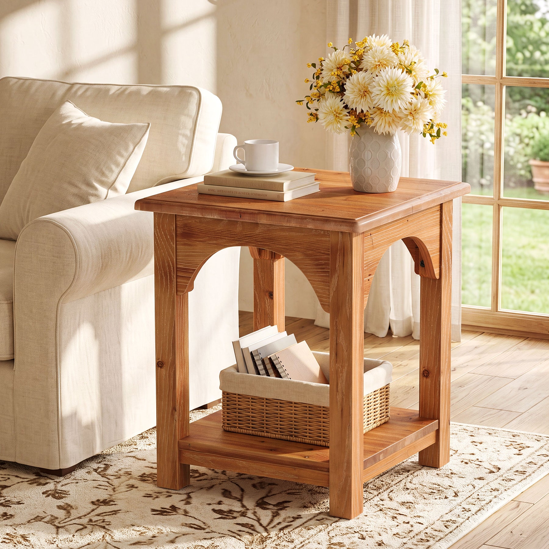 Farmhouse End Table with Storage, Solid Fir Wood 2-Tier Side Table, Living Room